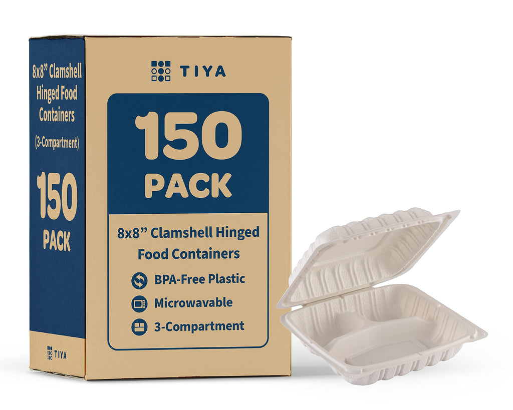 TIYA Clamshell Food Containers - White Bulk 150 Pack, 8x8 in - 3-Compartment To-Go Containers - Microwavable Plastic with Hinged Lid - Great for Meal Prep - BPA-Free
