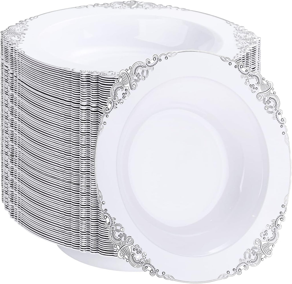 Joyido 100PCS Silver Plastic Bowls - 12 oz Silver Disposable Salad Bowls - Heavy Duty Disposable Soup Bowl - Fancy Plastic Ice Cream Bowl for Weddings Parties Dinners Picnics