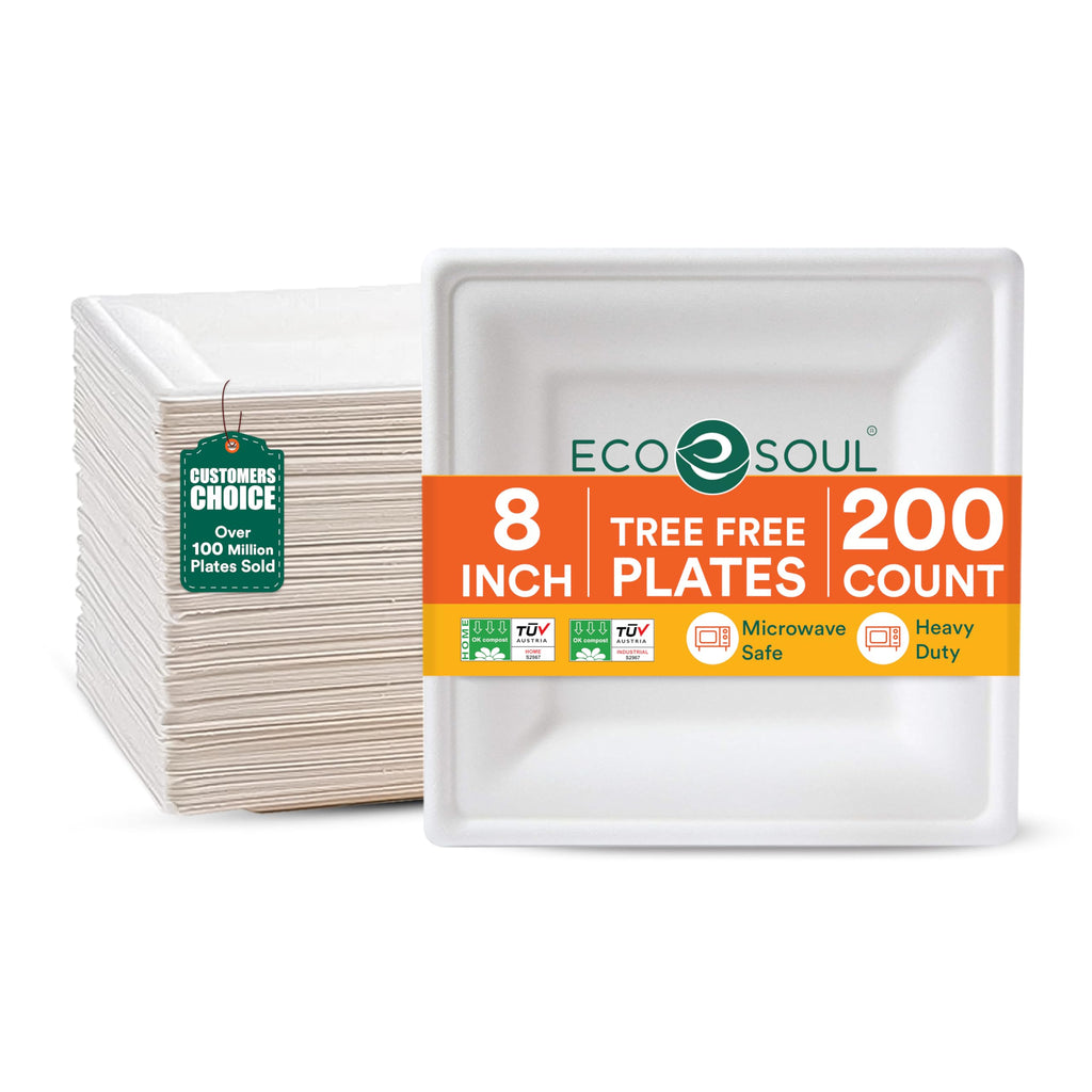 ECO SOUL 10 Inch Disposable Bagasse Paper Plates (200 Pack, Square)