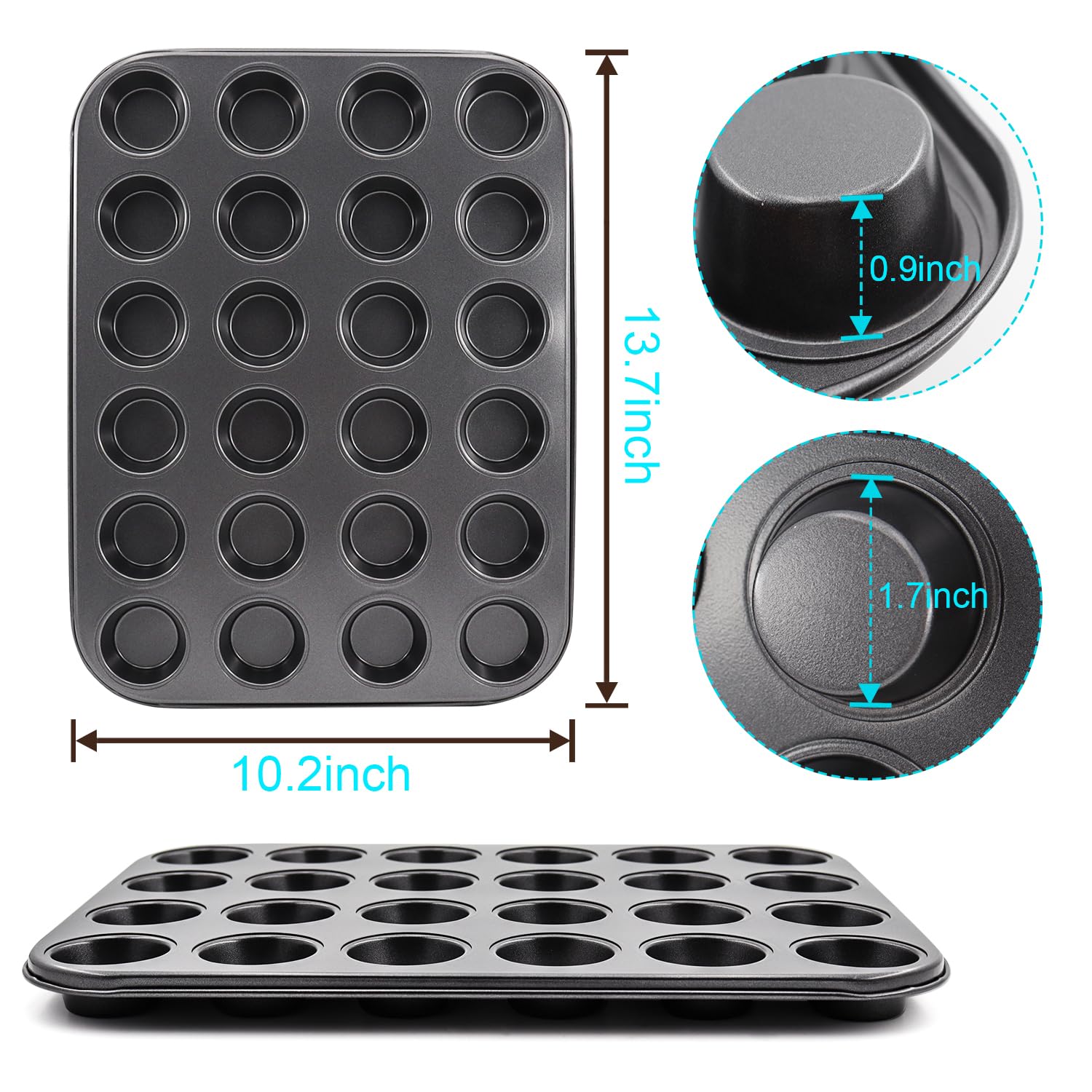 DRAONGYE 2 Packs Round Muffin Baking Pan, Premium Steel Muffin Pan for Baking, Nonstick Cupcake Tin Cheesecake Pans, Bakeware Muffin Top Pan (24 Cups, Black)