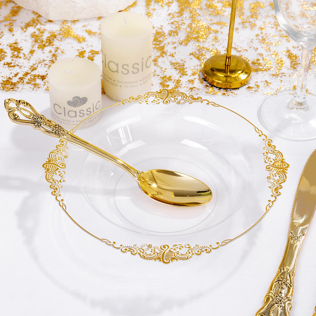 Joyido 100PCS Clear Gold Plastic Bowls - 12 oz Clear Disposable Salad Bowls - Heavy Duty Disposable Soup Bowl - Fancy Plastic Ice Cream Bowl for Weddings, Parties, Dinners, Picnics,