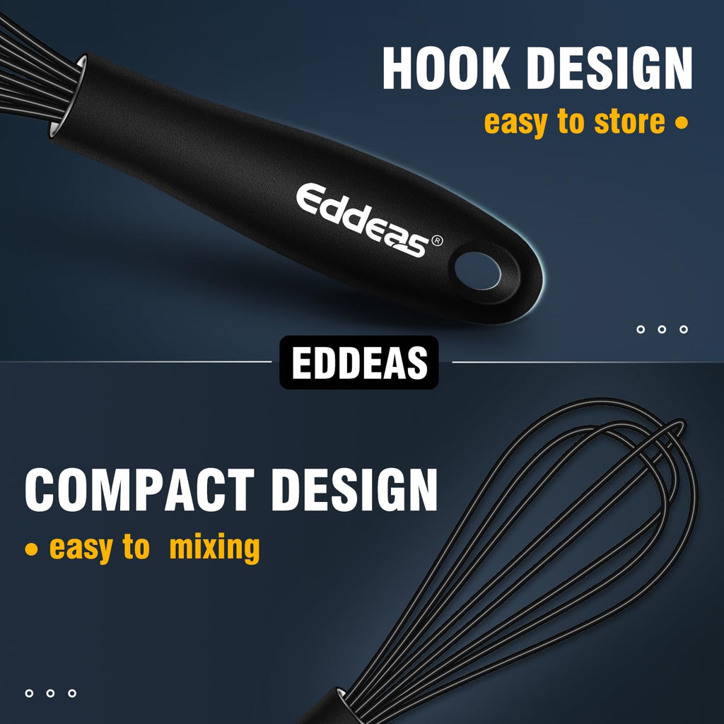Eddeas Silicone Mini Whisk, Small whisks Non-Stick Tiny Whisks set of 2（5.5in & 7.5in）-Heat Resistant (450°F) Whisks, Balloon Egg Beater Perfect for Whisking, Beating, Mixing, Blending, Black