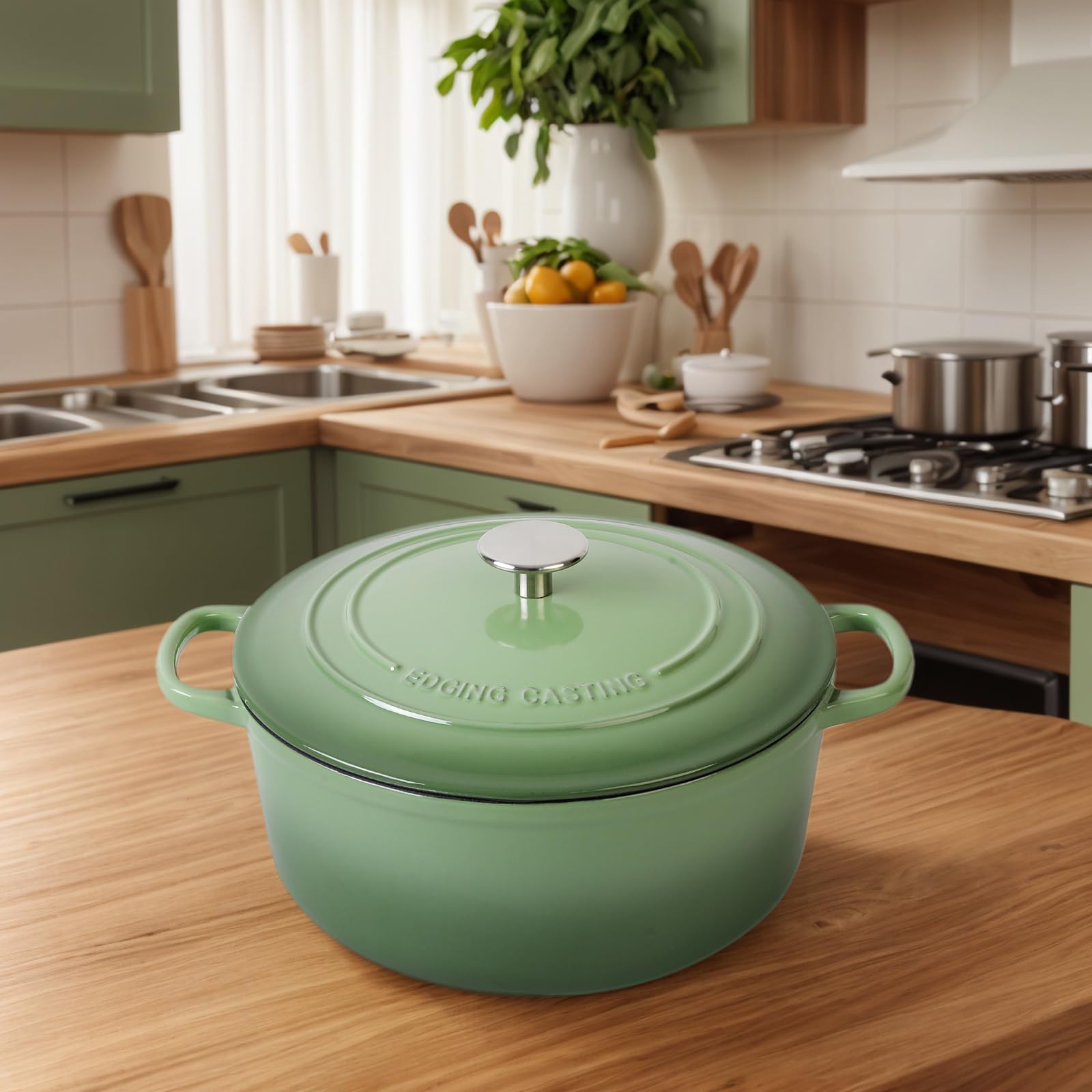 EDGING CASTING Enameled Cast Iron Dutch Oven Pot With Lid, 5.5 Quart, for Bread Baking, Cooking, Pistachio Green