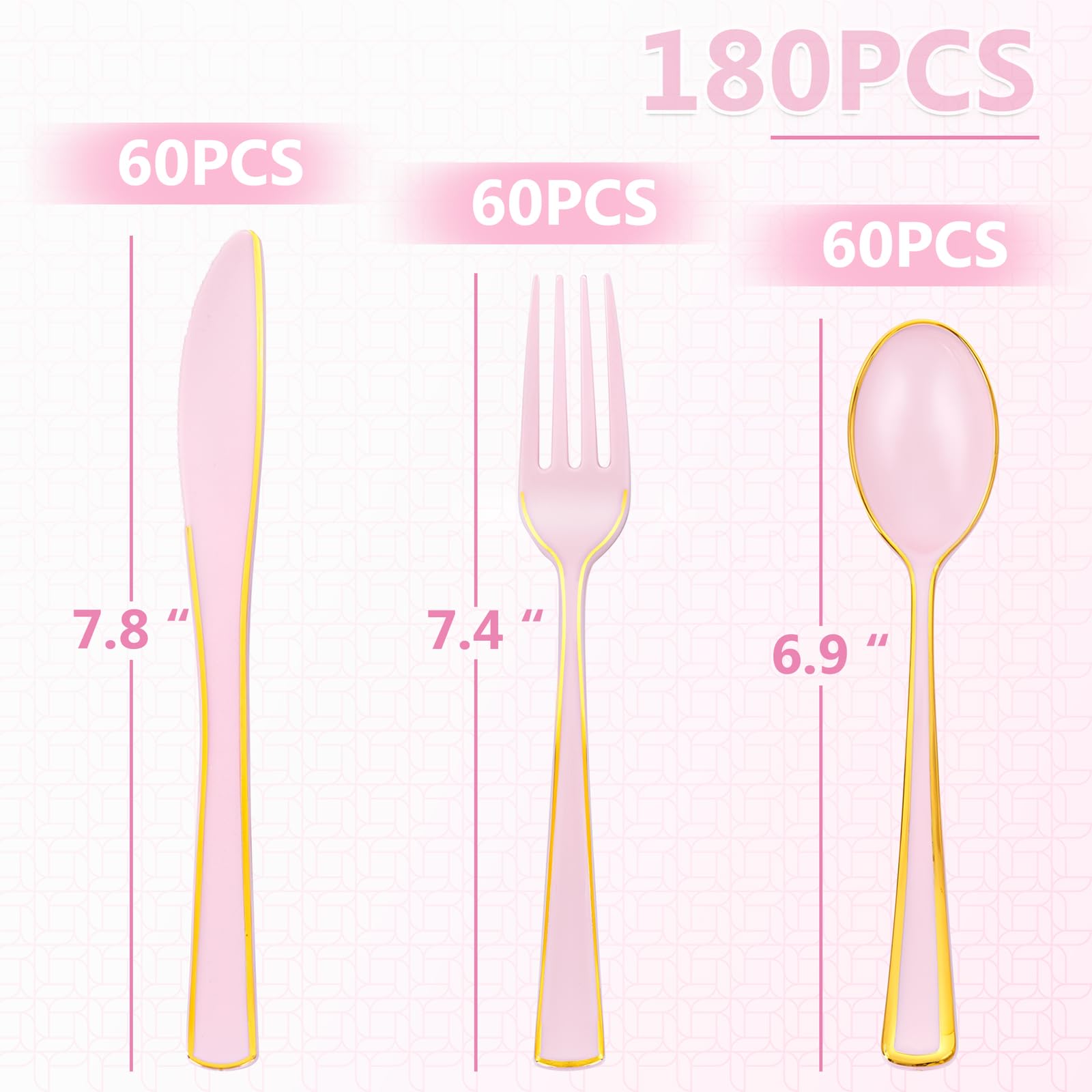 WDF 180 Pieces Pink Plastic Silverware with Gold -Pink Plastic Utensils Set - 60 Guest Cutlery Disposable for Birthday Party Baby Shower Wedding Spring