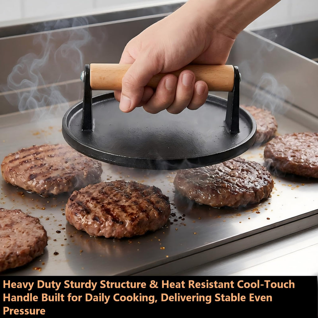 Eoufore 2 lb 7 Inch Cast Iron Burger Press Kit with Wide Spatula