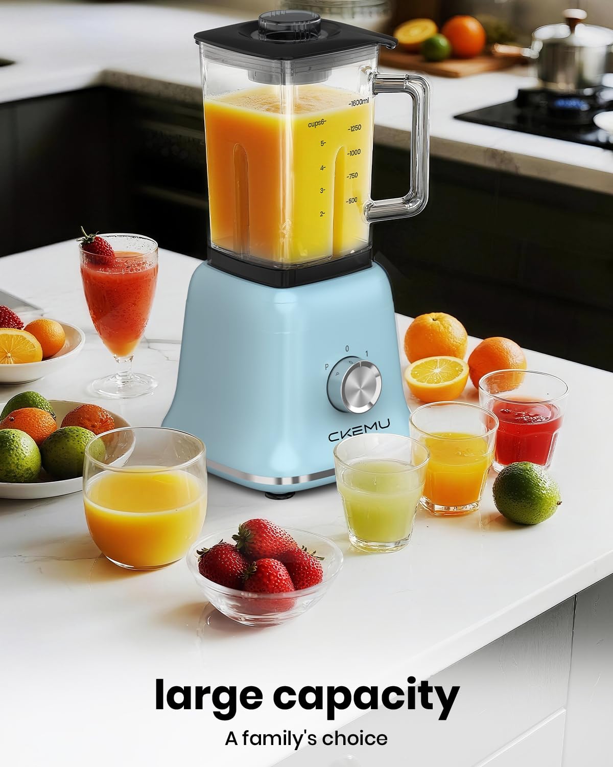 CKEMU Professional Blender For Smoothies, 58 Oz Glass Jar, Glass Blender Including Puree & Crush Ice Functions, 750 Watts, B02 (Blue)