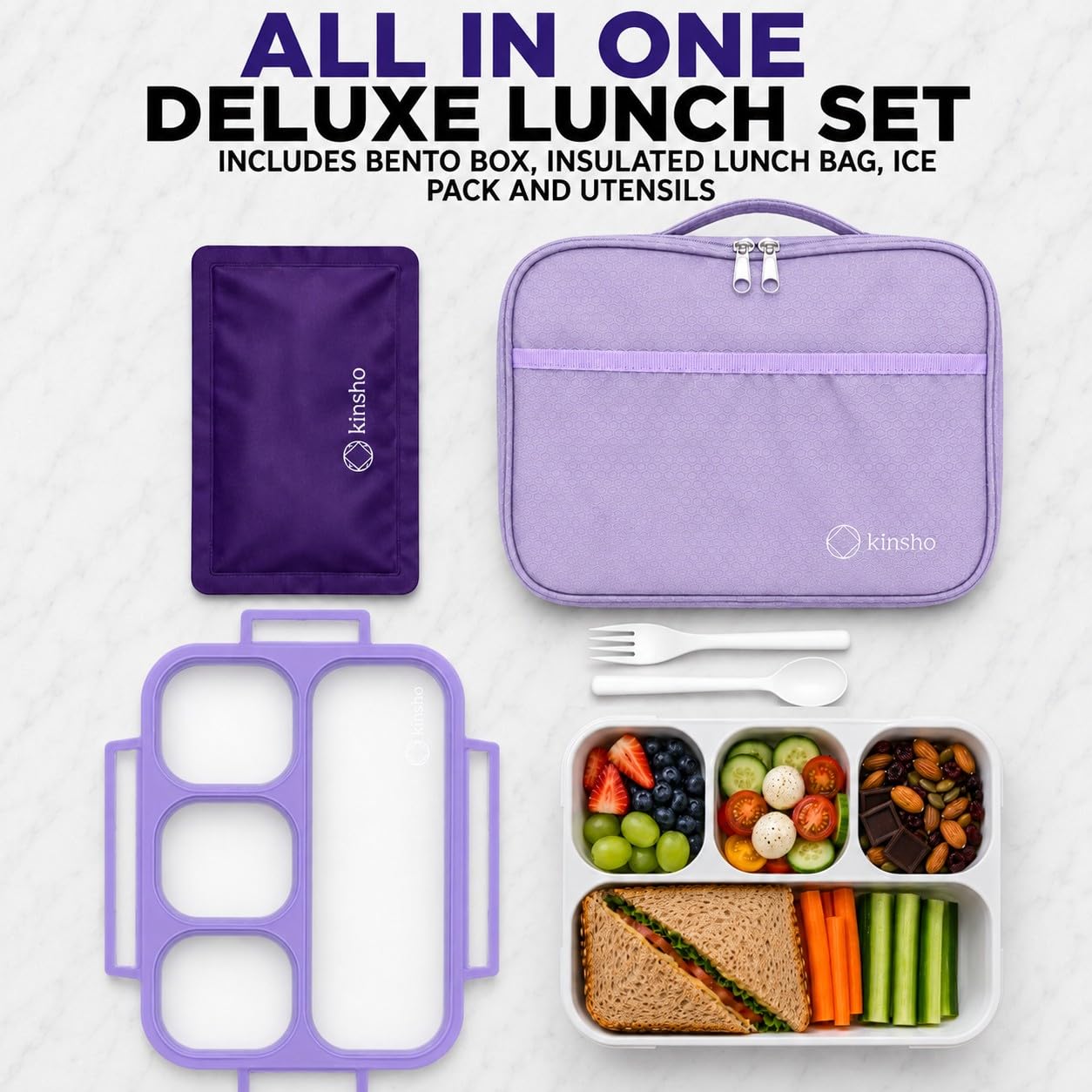 kinsho Bento Lunch Box, Ice Pack Insulated Bag & Utensils for Kids, Purple