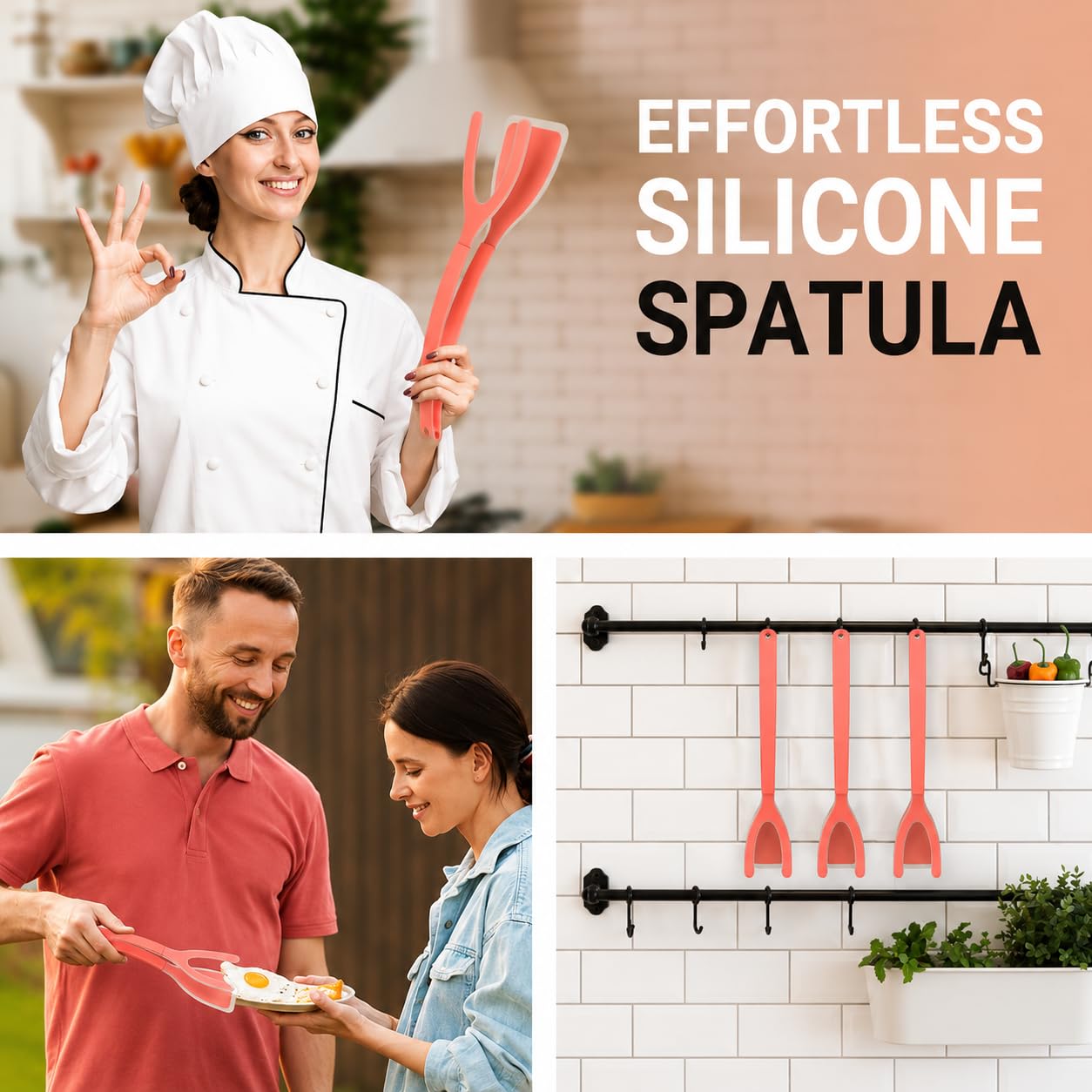 ZONZEST Silicone Egg Flipper Spatula Tongs (Set of 1) – Non-Stick 2-in-1 Grip & Flip Kitchen Tongs for Pancakes, Fish, Eggs, and More – Heat Resistant Cooking Tool (Pink)