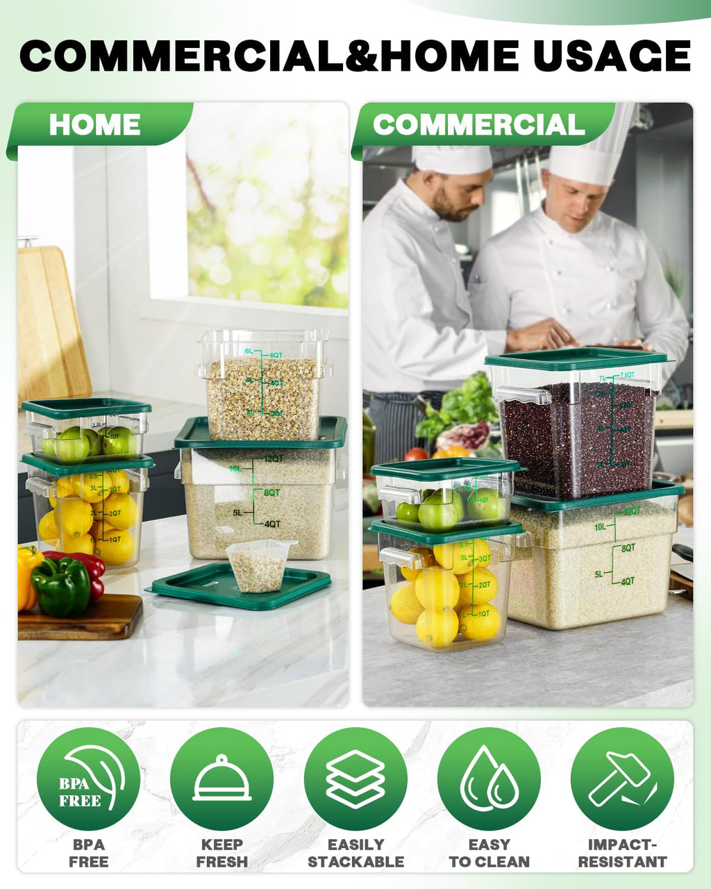 2QT 2PCS NSF Commercial Clear Food Storage Containers with Lids(GREEN)