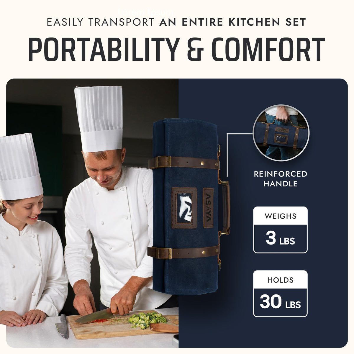 Asaya Waxed Canvas Knife Roll Bag - 15-Slot Chef Knife Bag with Leather Straps, Large Zippered Pocket and Card Holder - Carrying Case for Chefs and Culinary Students – Knives Not Included (Blue)