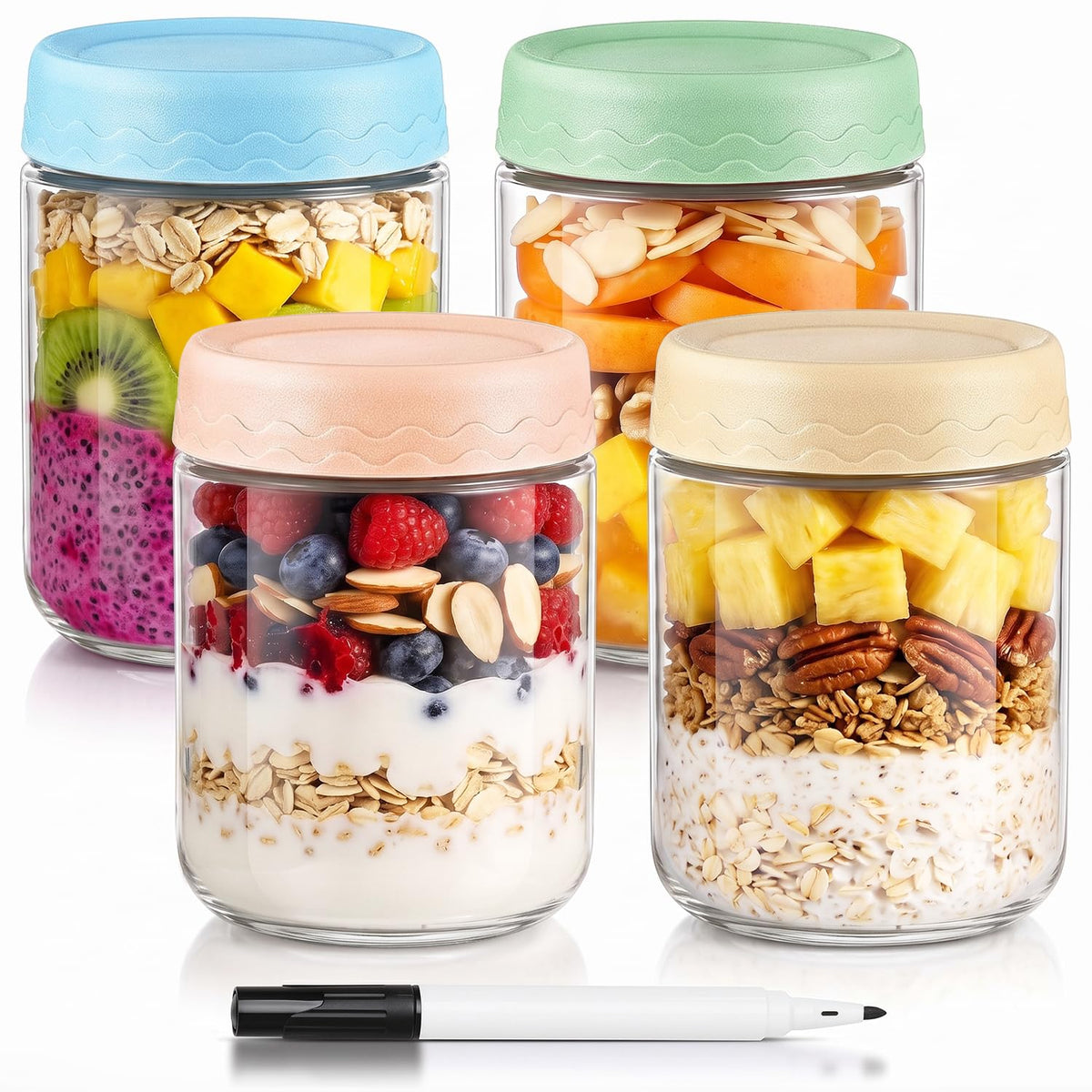 DRKIO 16 Oz Glass Overnight Oats Containers with Lids Chia Pudding Jars