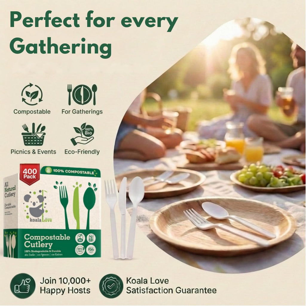 100% Compostable Forks Spoons Knives Cutlery 400 Count 7Inch Heat Resistant Eco Friendly Disposable Cutlery Biodegradable Silverware Alternative to Plastic Compostable Utensils Bulk In Convenient Tray
