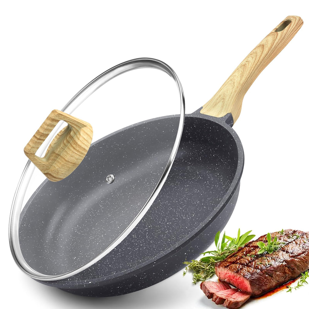 GiPP Nonstick Frying Pan Skillet with Lid - 11" Grey Granite Non Stick Pans, Omelette Pan with Heat-Resistant Handle, Compatible with All Stovetops, PFOA Free