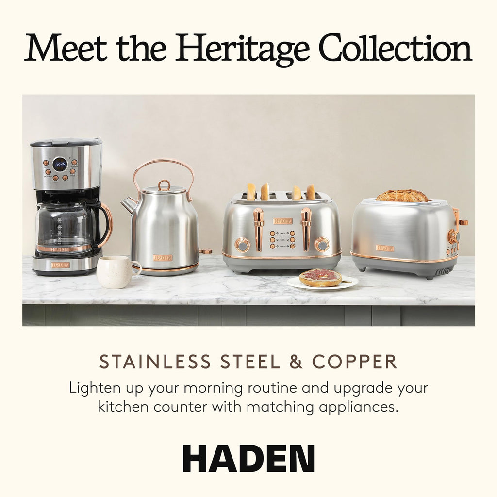 Haden Heritage 4 Slice Wide Slot Stainless Steel Toaster with Adjustable Browning Control & Non-Slip Feet, Steel & Copper