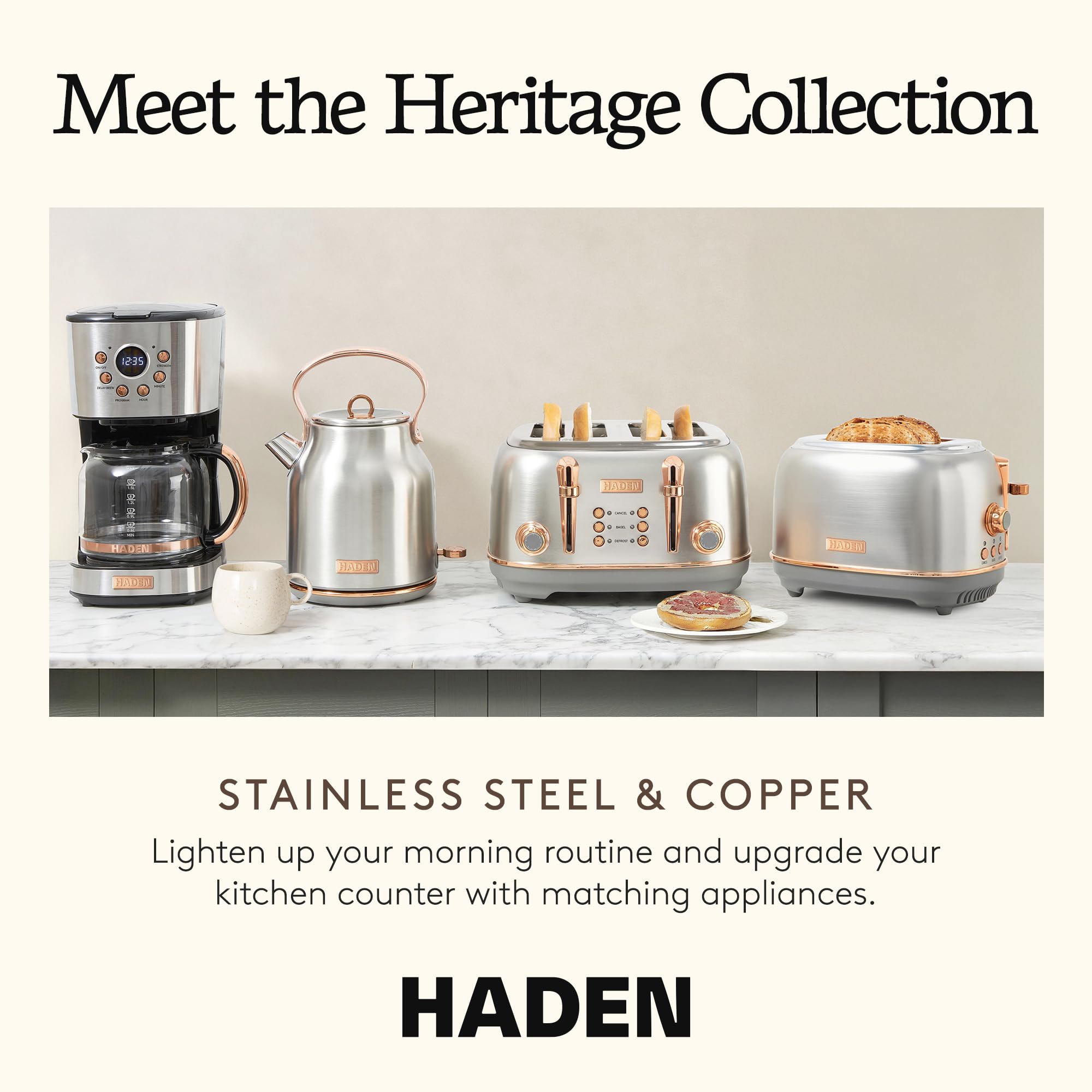 Haden Heritage 4 Slice Wide Slot Stainless Steel Toaster with Adjustable Browning Control & Non-Slip Feet, Steel & Copper