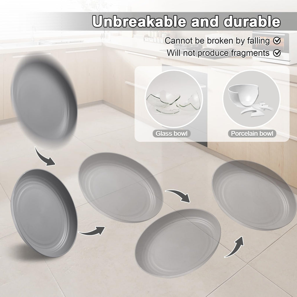 HEYCOME 12 Pcs Unbreakable Deep Dinner Plates Set, 10 inch Reusable Plastic Wheat Straw Plates, Microwave and Dishwasher Safe Plate for Kitchen, Lightweight Plate for Dessert, BPA Free, Gray