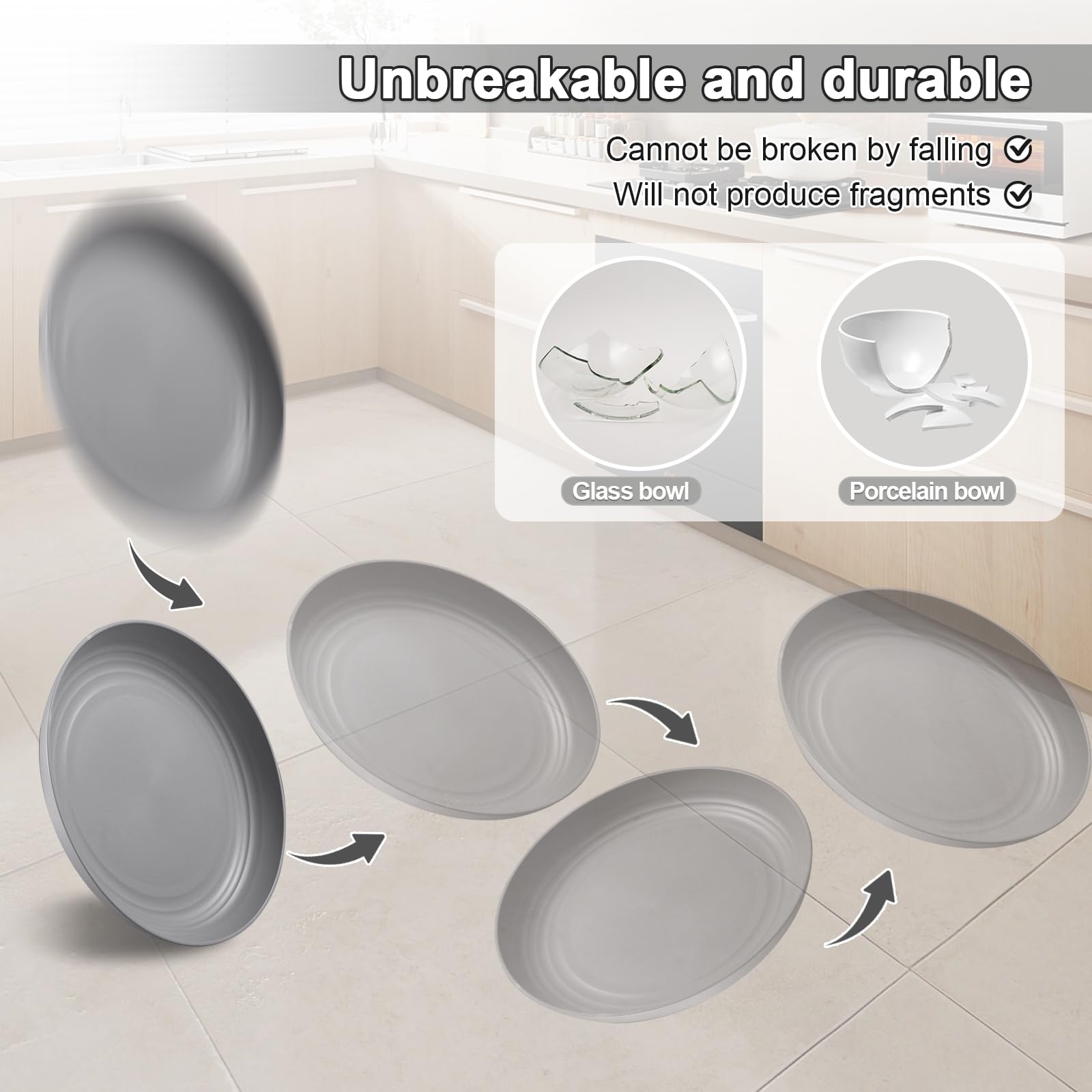HEYCOME 12 Pcs Unbreakable Deep Dinner Plates Set, 10 inch Reusable Plastic Wheat Straw Plates, Microwave and Dishwasher Safe Plate for Kitchen, Lightweight Plate for Dessert, BPA Free, Gray