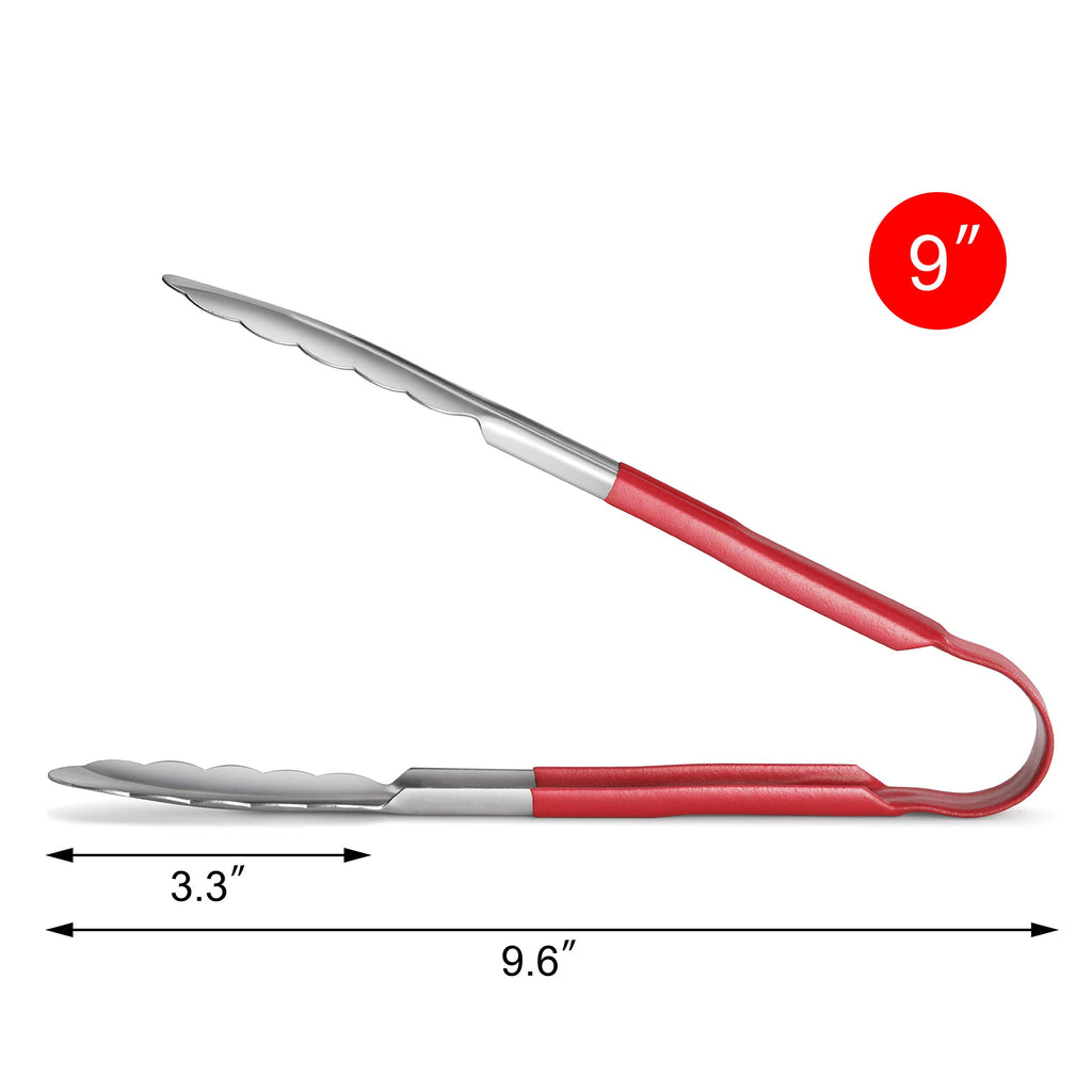 New Star Foodservice 35872 9-Inch Utility Spring Tongs, Stainless Steel, Vinyl Coated, Set of 12, Red