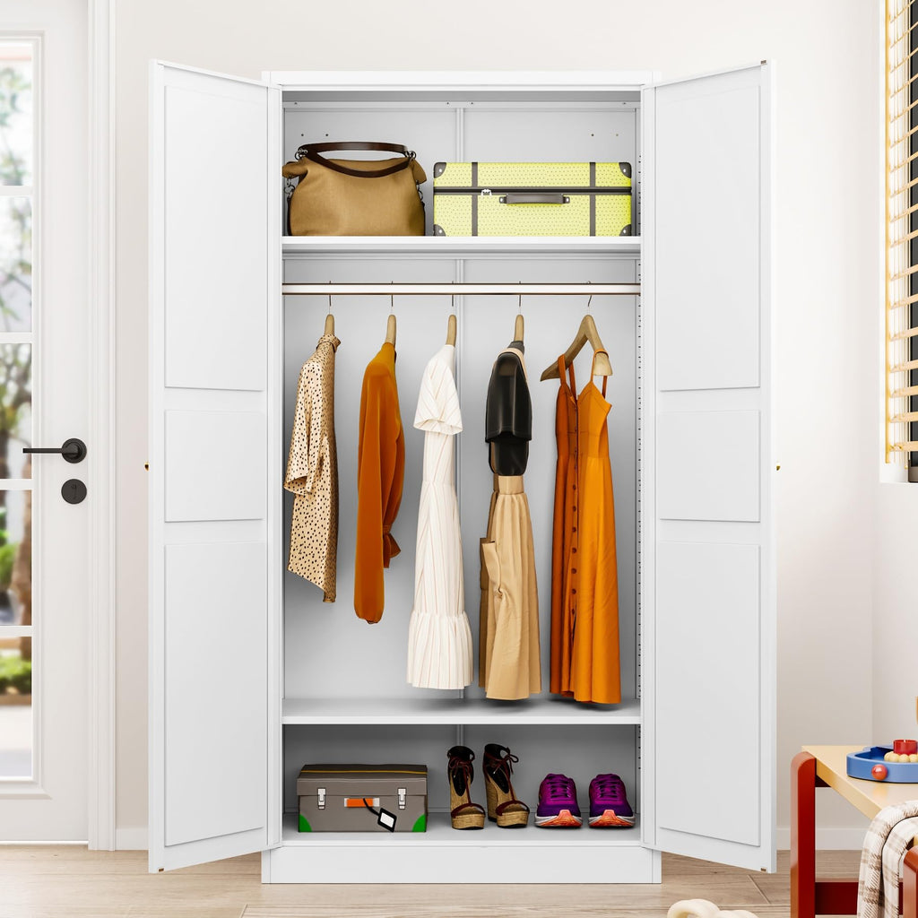 Metal Wardrobe Cabinet with Hanging Rod,White Armoire Wardrobe Closet,Metal Clothing Storage Cabinet with Adjustable Shelves and Doors,72" Wardrobes Storage Cabinet for Home,Living/Laundry Room