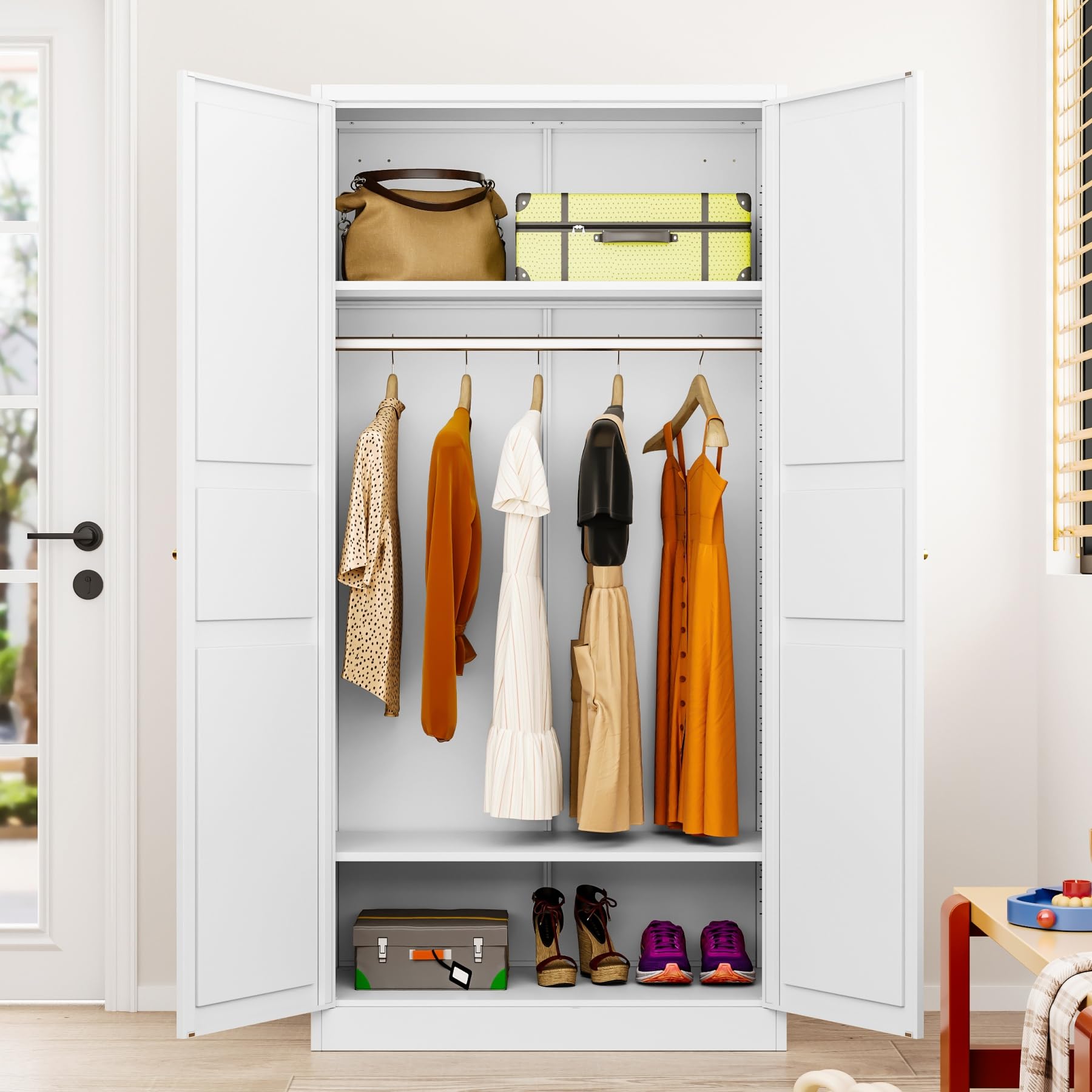 Metal Wardrobe Cabinet with Hanging Rod,White Armoire Wardrobe Closet,Metal Clothing Storage Cabinet with Adjustable Shelves and Doors,72" Wardrobes Storage Cabinet for Home,Living/Laundry Room