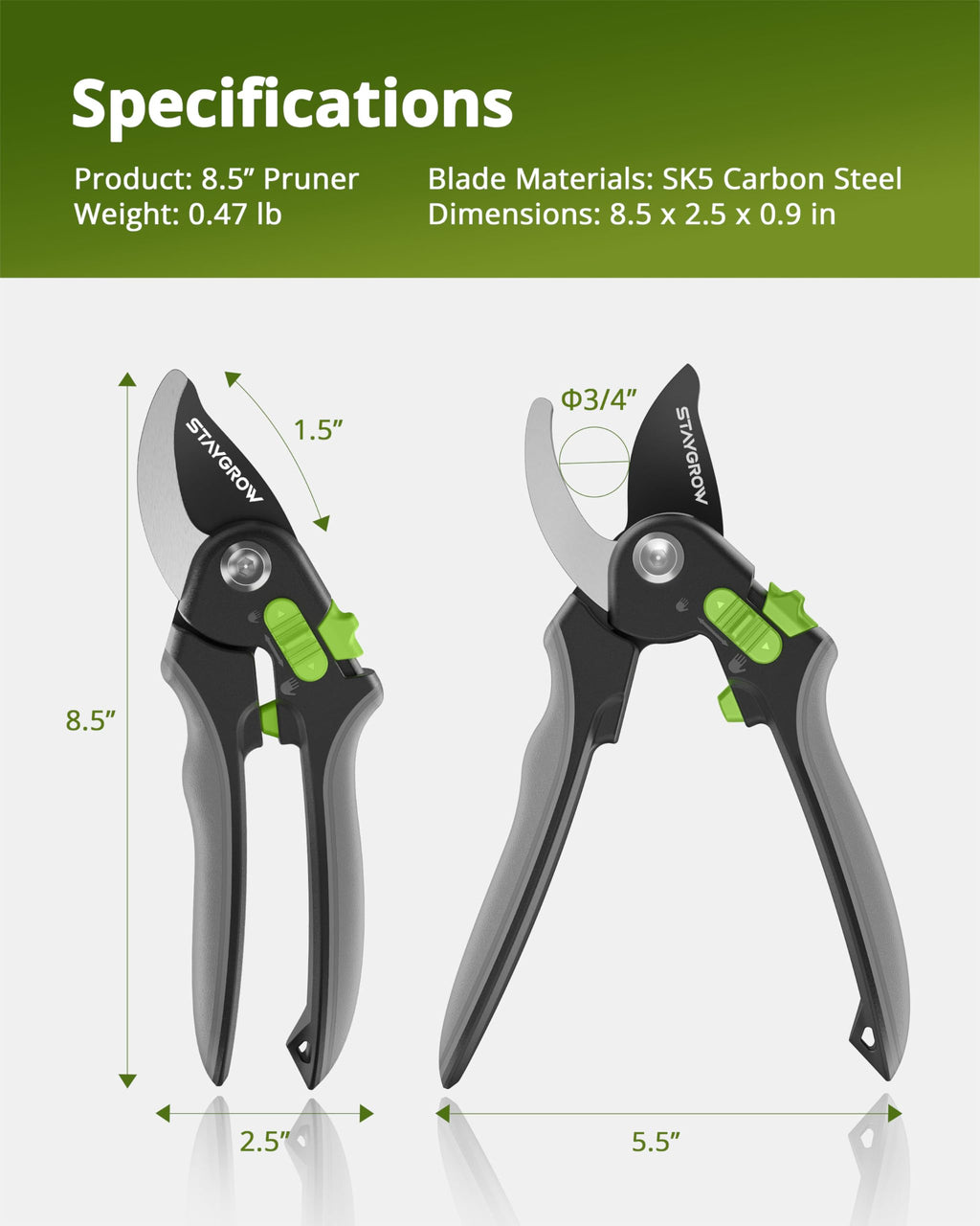 STAYGROW 8.5" Pruning Shears for Gardening SK5 Sharp Garden Shears
