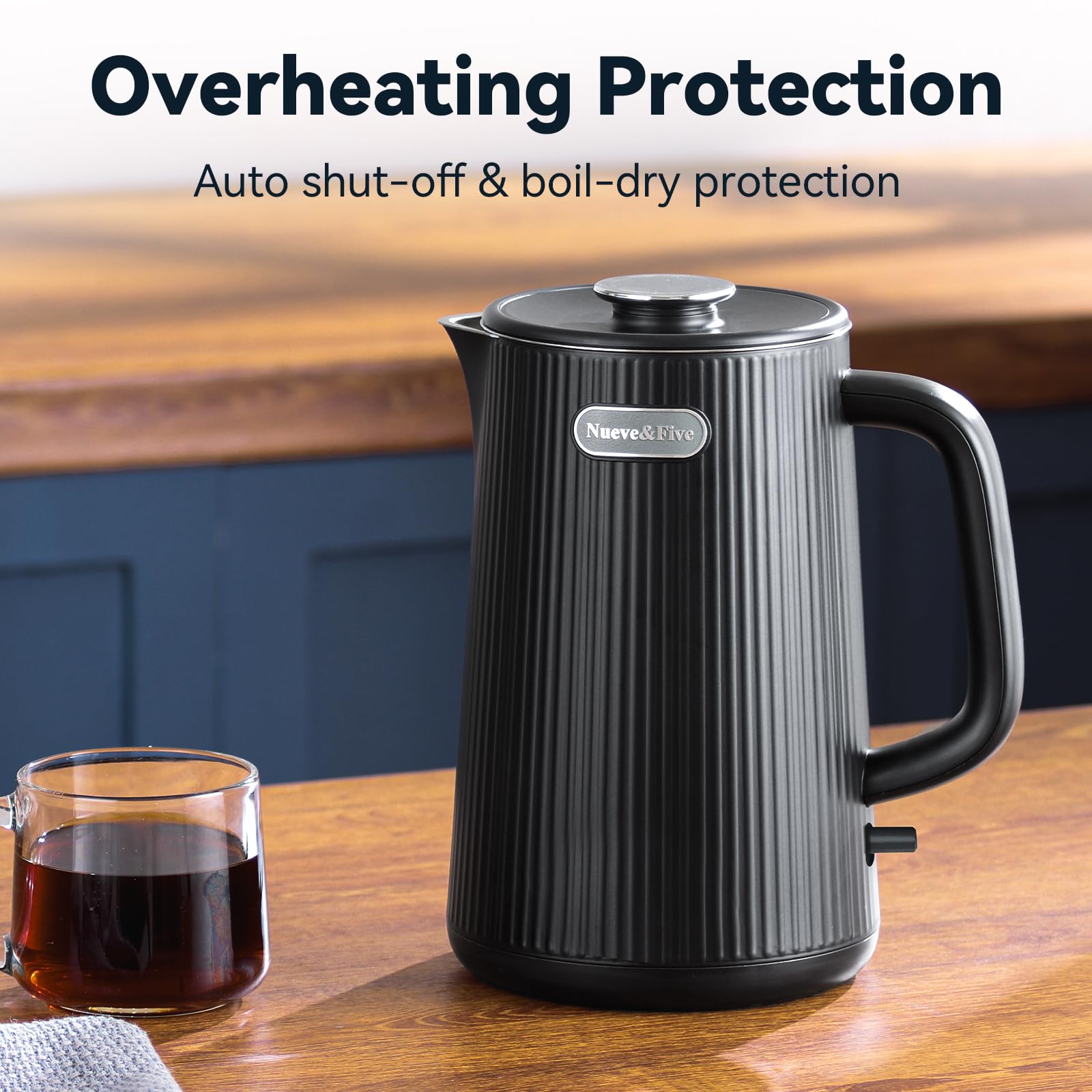 Nueve&Five 1.7L (57oz) Large Electric Kettle Perfect for 7+Cups of Tea and Coffee,2 quarts Double Wall Big Electric Tea Kettle,Auto Shut Off,1200W Hot Water Kettle Electric-Black