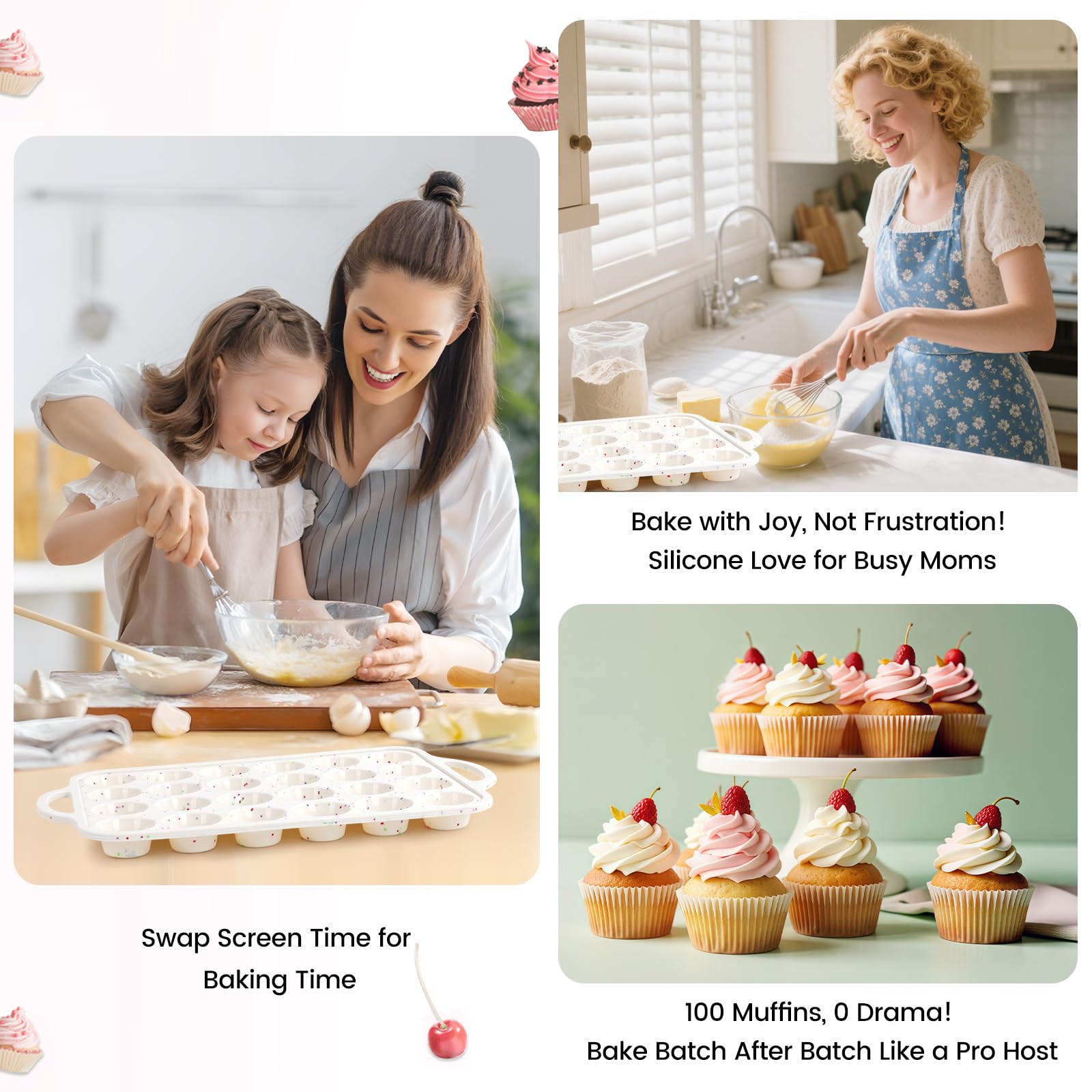 Fimary Silicone Mini Muffin Pan With Metal Reinforced Frame - 24 Cups Durable Silicone Cupcake Pan for Muffin, Cupcakes, BPA Free and Dishwasher Safe - 1 Piece Beige with Rainbow Spots
