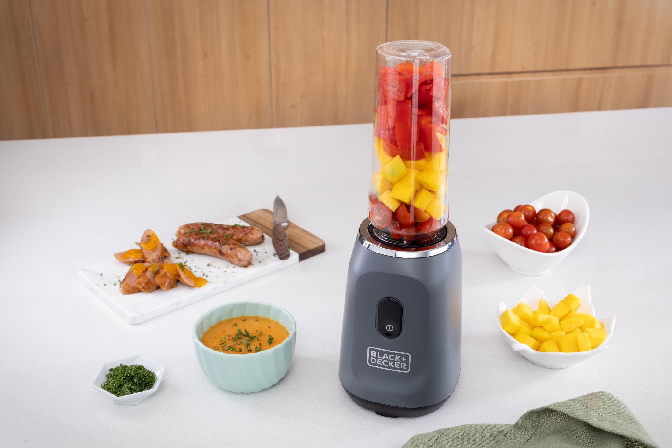 BLACK+DECKER® Ice Crush Single Serve Blender with Pulse/ON Button, Base, Two 20oz Personal Blender Jars, Blade Assembly, Travel Lid, Gray