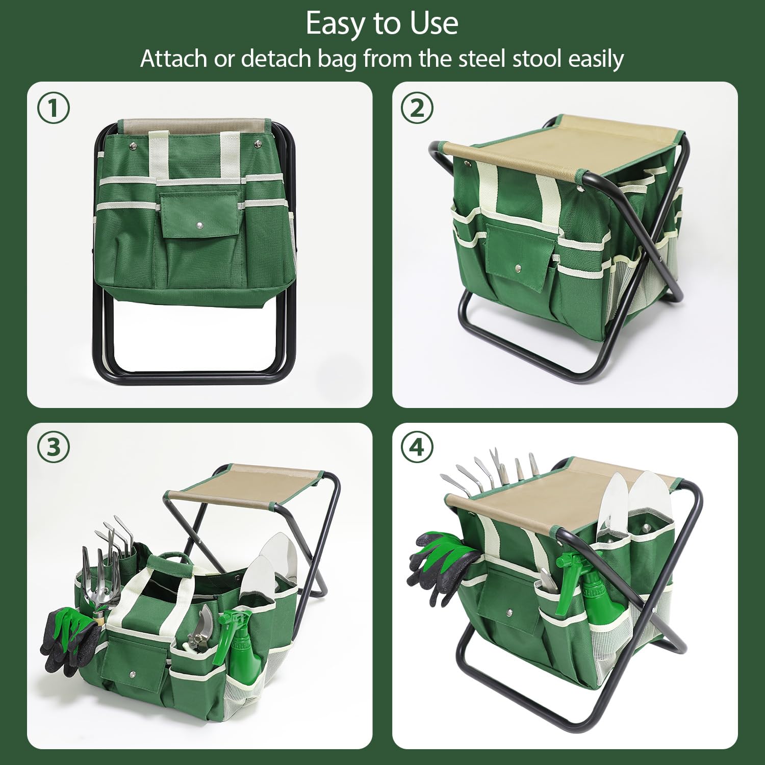 HoHaing Garden Tool Set, 10 Piece Kit with Heavy Duty Folding Stool, Detachable Storage Tote Bag, Stainless Steel Tools, Gifts for Women Men Green