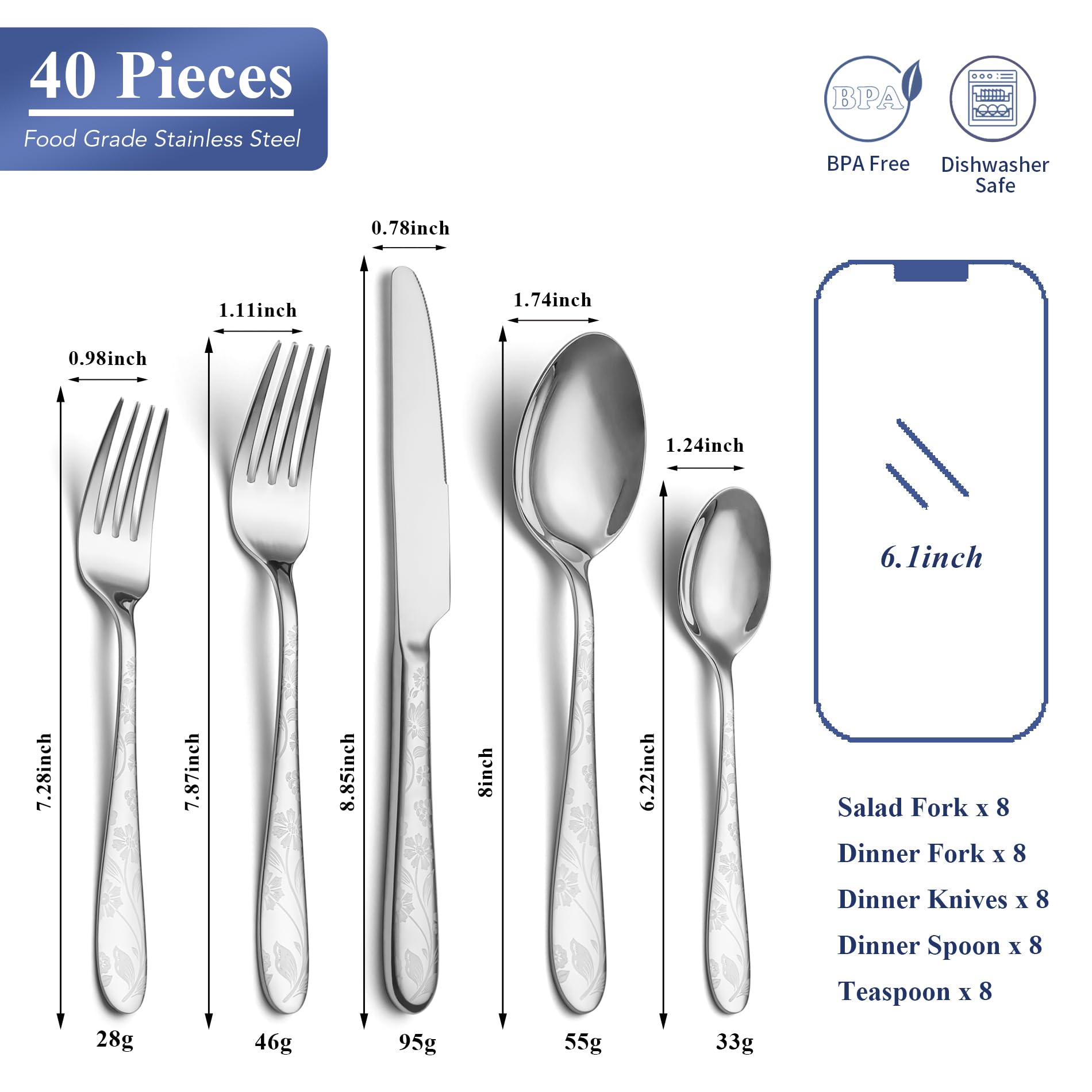 40 Piece Silverware Set Service for 8, EIUBUIE Premium Stainless Steel Cutlery Set, Mirror Polished Flatware Sets with Pattern Handle, Modern Kitchen Eating Utensils Sets Include Spoons Forks Knives