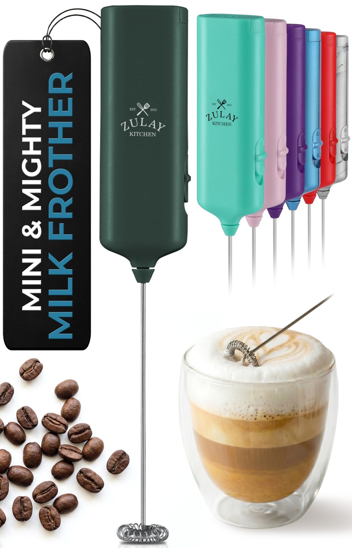 Zulay Powerful Milk Frother for Coffee with Upgraded Titanium Motor - Handheld Electric Whisk, Milk Foamer, Mini Mixer & Coffee Blender for Frappe, Latte, Matcha, No Stand - Pristine Teal