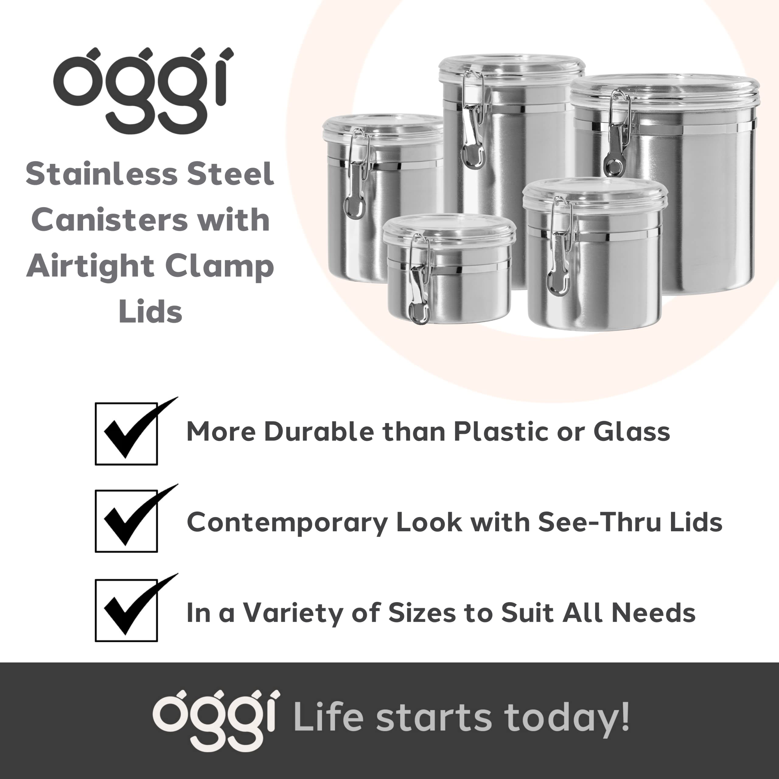 Oggi Stainless Steel Kitchen Canister 26 fl oz - Airtight Clamp Lid, Clear See-Thru Top - Ideal for Kitchen Storage, Food Storage, Pantry Storage. Size 5" x 3.5".