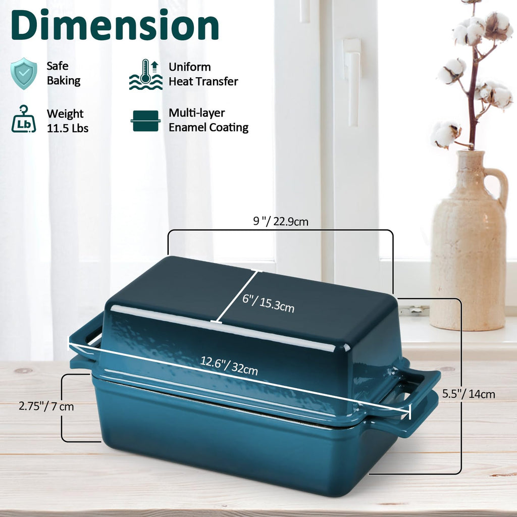 Leonyo Enamel Cast Iron Bread Pan, 9"x5" Loaf Pan with Lid, Blackish Green
