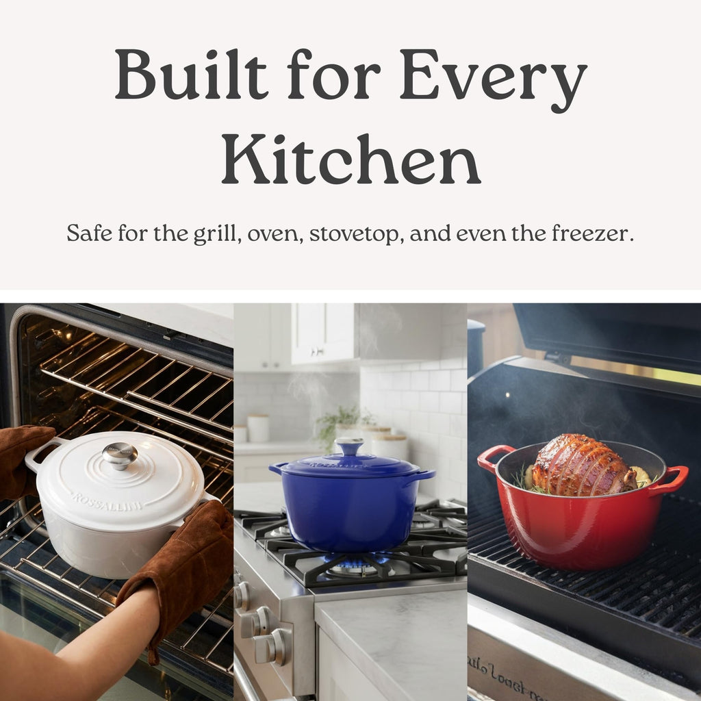 ROSSALLINI Signature Enameled Cast Iron Dutch Oven, Non-Stick Serving Pot with Tight Fitting Lid for Perfect Roasting, Baking, Sauteing, and Bread Making | 7.4Q (7L) - White