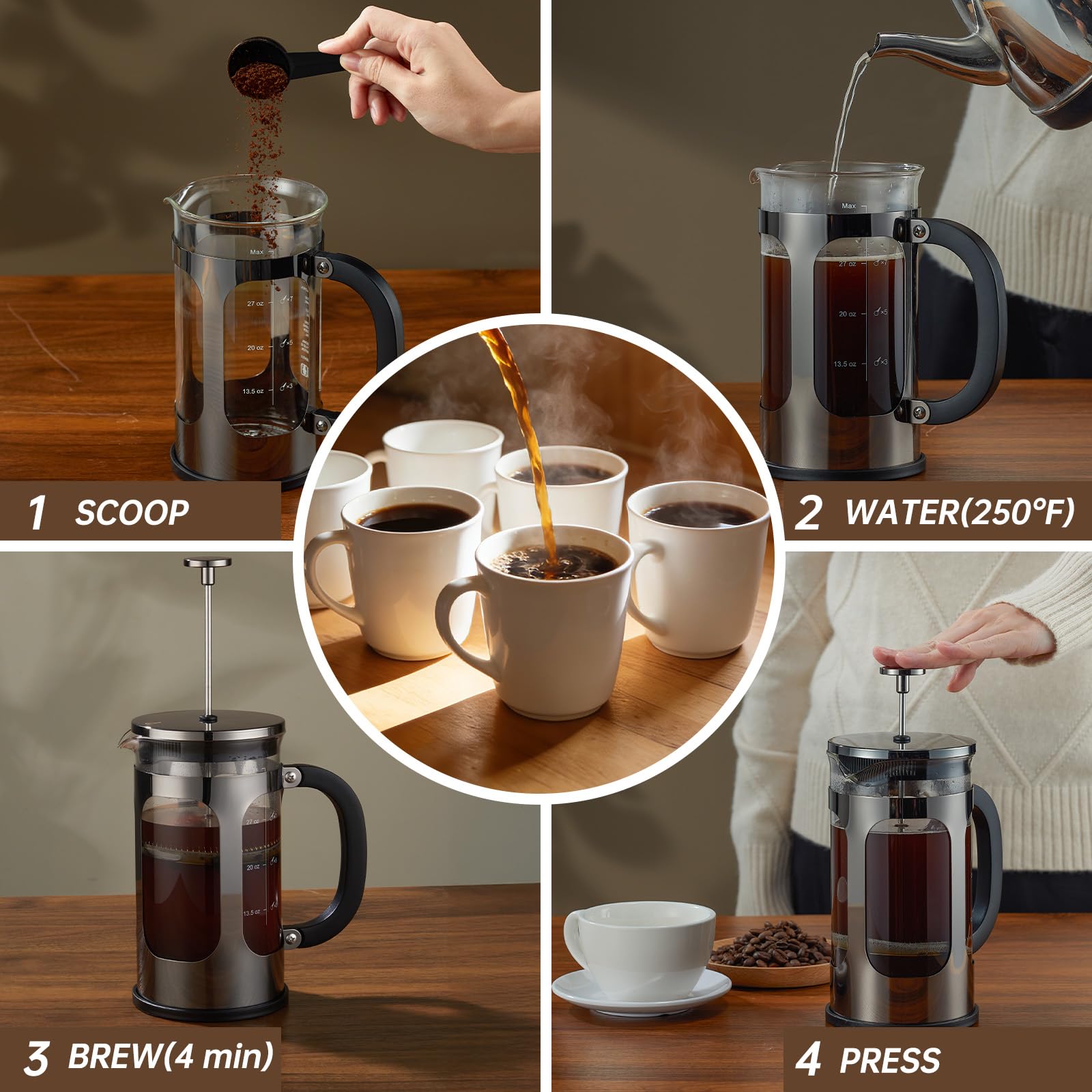 BAYKA French Press Coffee Maker, Easy to use,Large 304 Stainless Steel Coffee Press, Cold Brew Heat Resistant Thickened Borosilicate Coffee Pot for Camping Travel Gifts, 34 Ounce, Dark Pewter