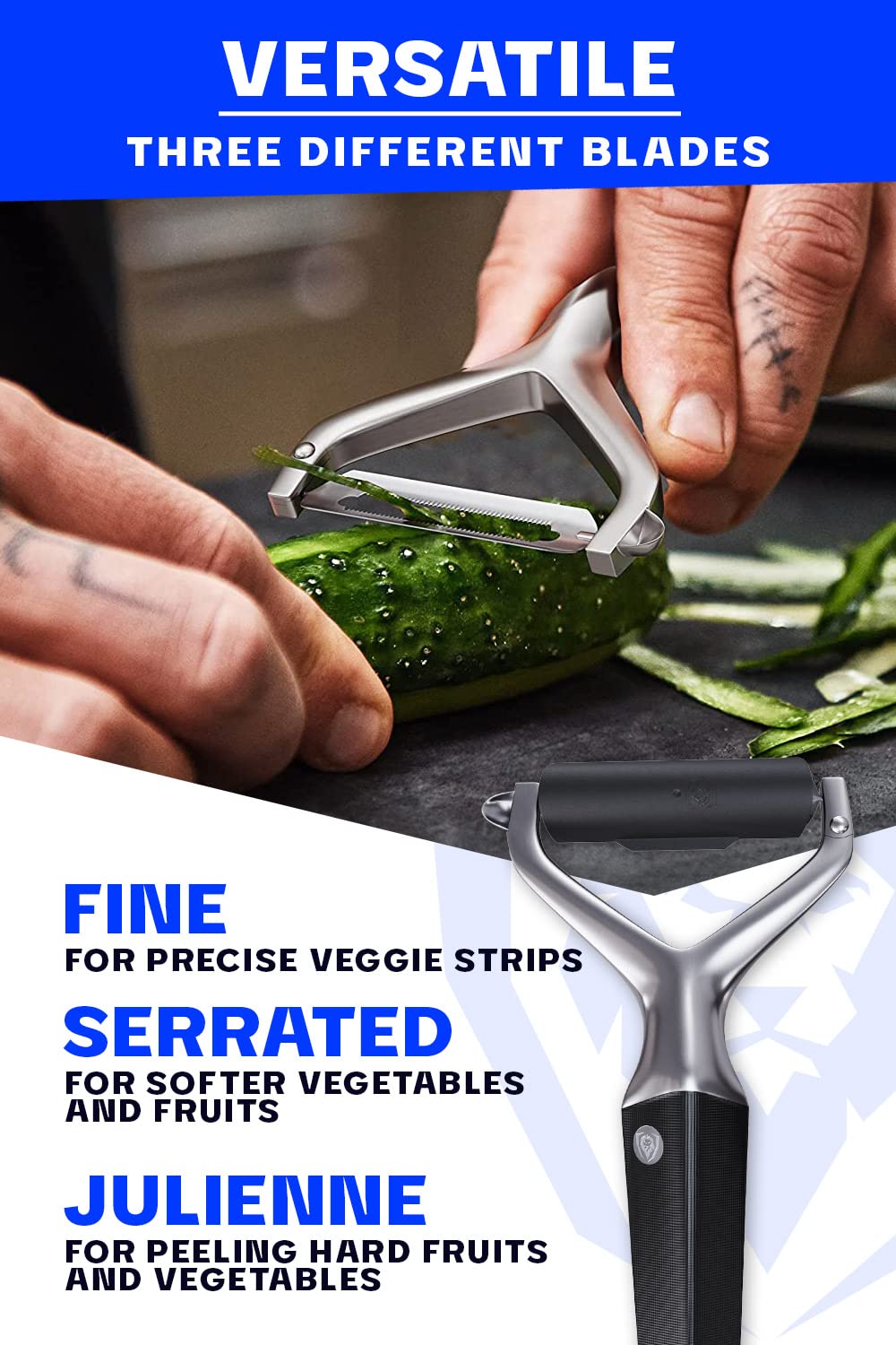 Dalstrong Y-Peeler Set — 3 Swappable Blades: Fine, Serrated & Julienne — HC Stainless Steel — For Vegetables, Citrus, Julienne Strips & Delicate Skins — G10 Handle, Razor VX, customer support