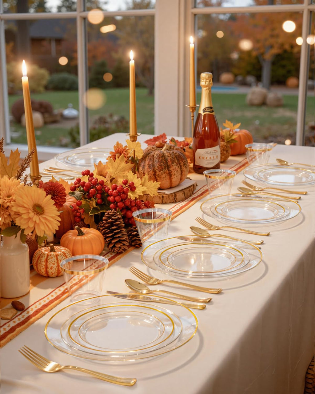 bUCLA 150Pcs Clear Gold Plastic Dinnerware Set - Clear and Gold Disposable Plates Include 25 Dinner / 25 Dessert Plates,25 Knives,25 Forks,25 Spoons,25 Cups for Party