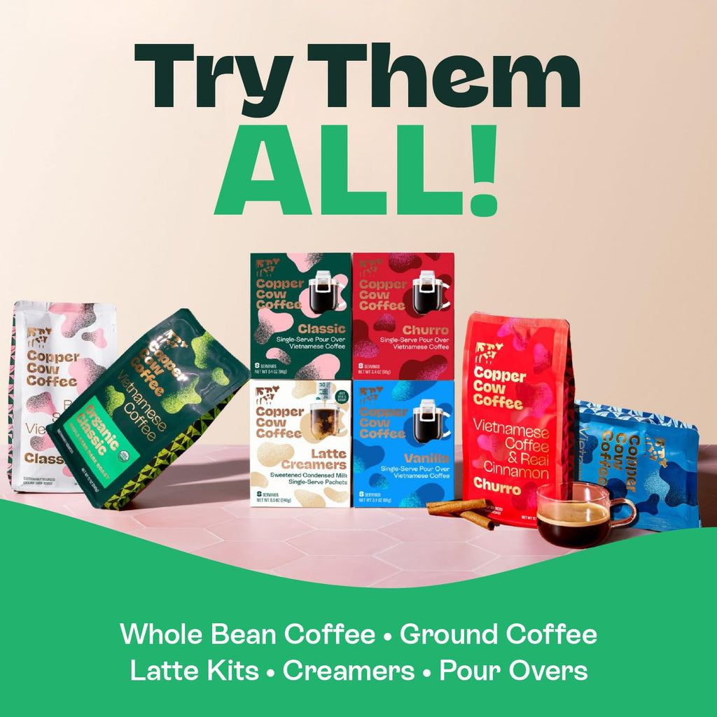 Copper Cow Coffee Vietnamese Churro Pour Over Coffee & Creamer Set, 8 Coffees + 8 Creamers | Dark Roast | Real Cinnamon | No Artificial Flavors | No Refrigeration Needed | As Seen on Shark Tank