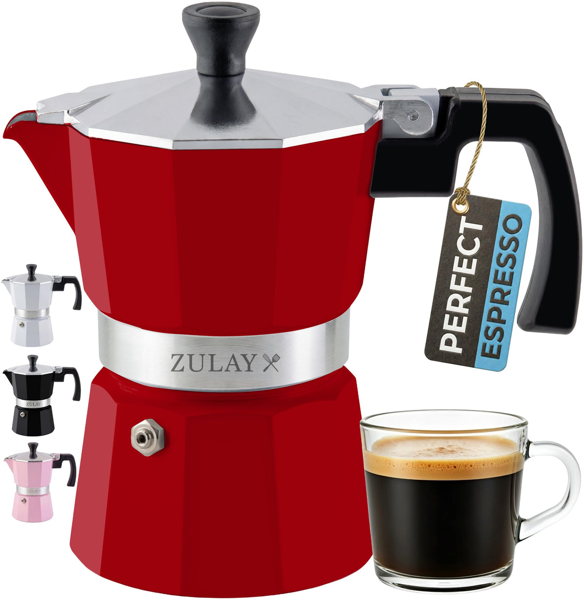 Zulay Moka Pot Espresso Stovetop Coffee Maker - Leak-Proof, Stainless Steel, Easy to Clean, Heat Resistant Handle & Knob - for Authentic Cuban & Italian Style Espresso - Makes 12 Espresso Cups - White