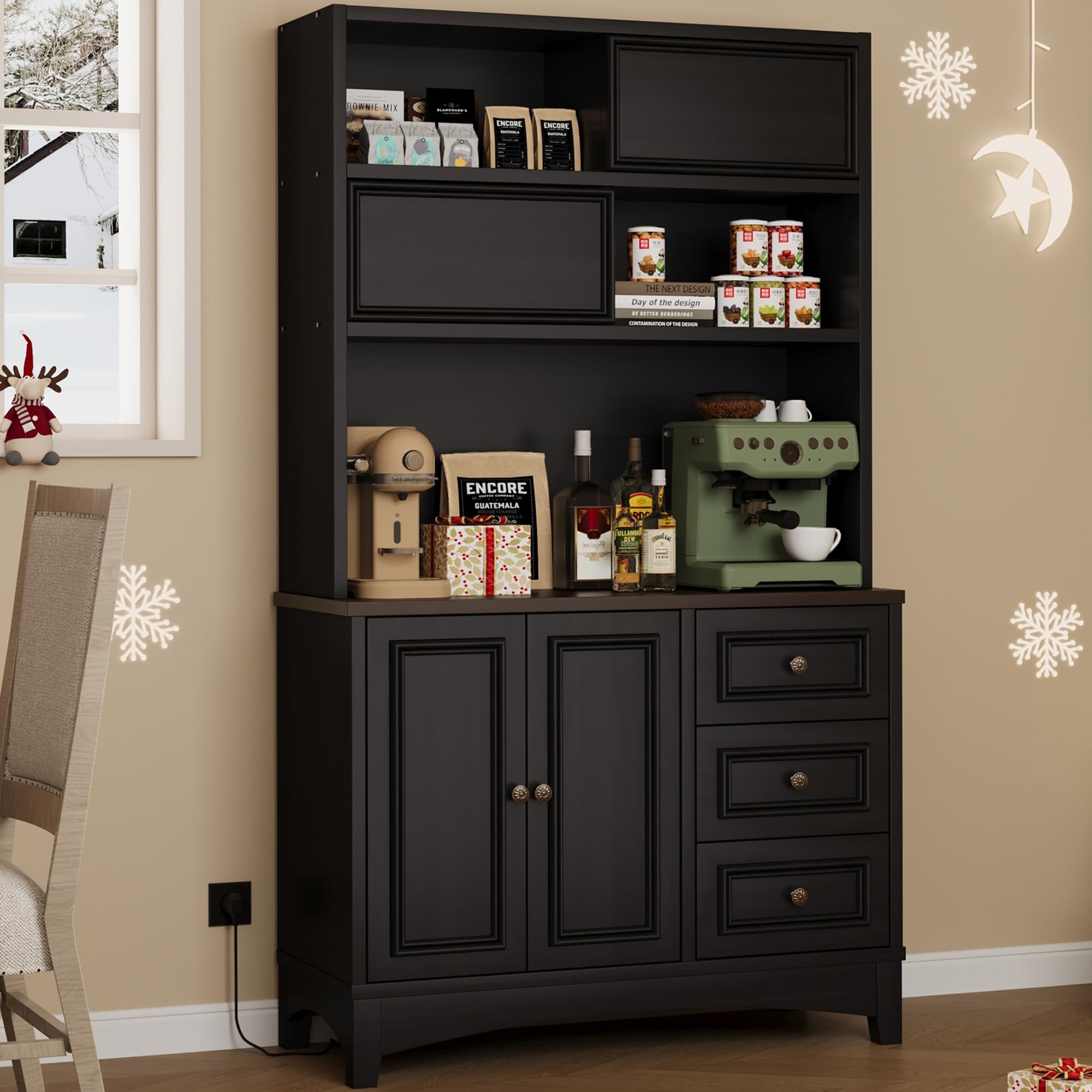 BOSHIRO 71" Black Pantry Cabinet with Charging Station, 4-Type Storage & Anti-Tip Design, Kitchen Cabinet with Sliding Door/Adjustable Shelves