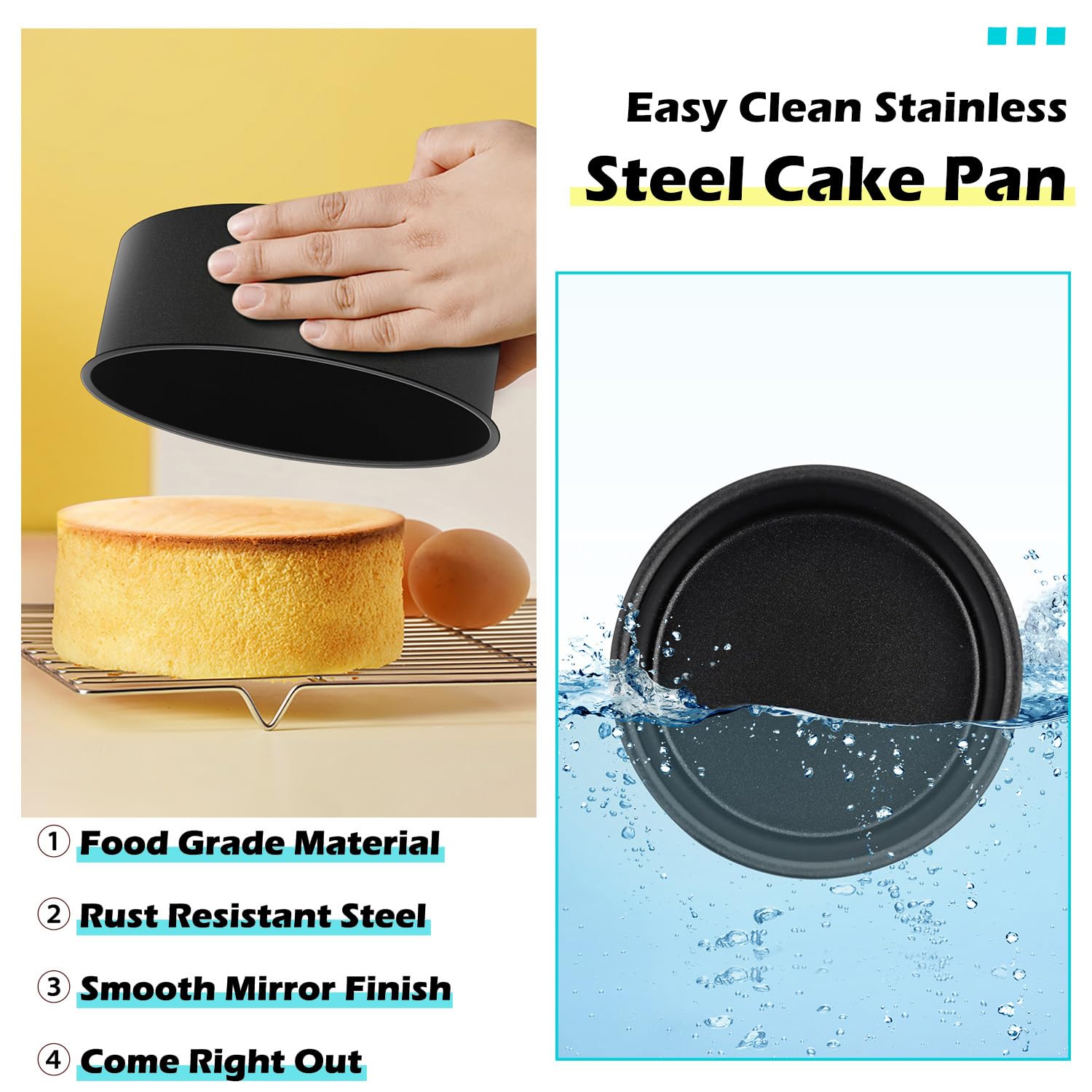 LIANYU 6 Inch Cake Baking Pans Set of 4, Stainless Steel Round Cake Bake Pan Non Stick, Fit in Pot Pressure Cooker Air Fryer, Healthy & Toxic Free, Leak-proof & Dishwasher Safe, Black
