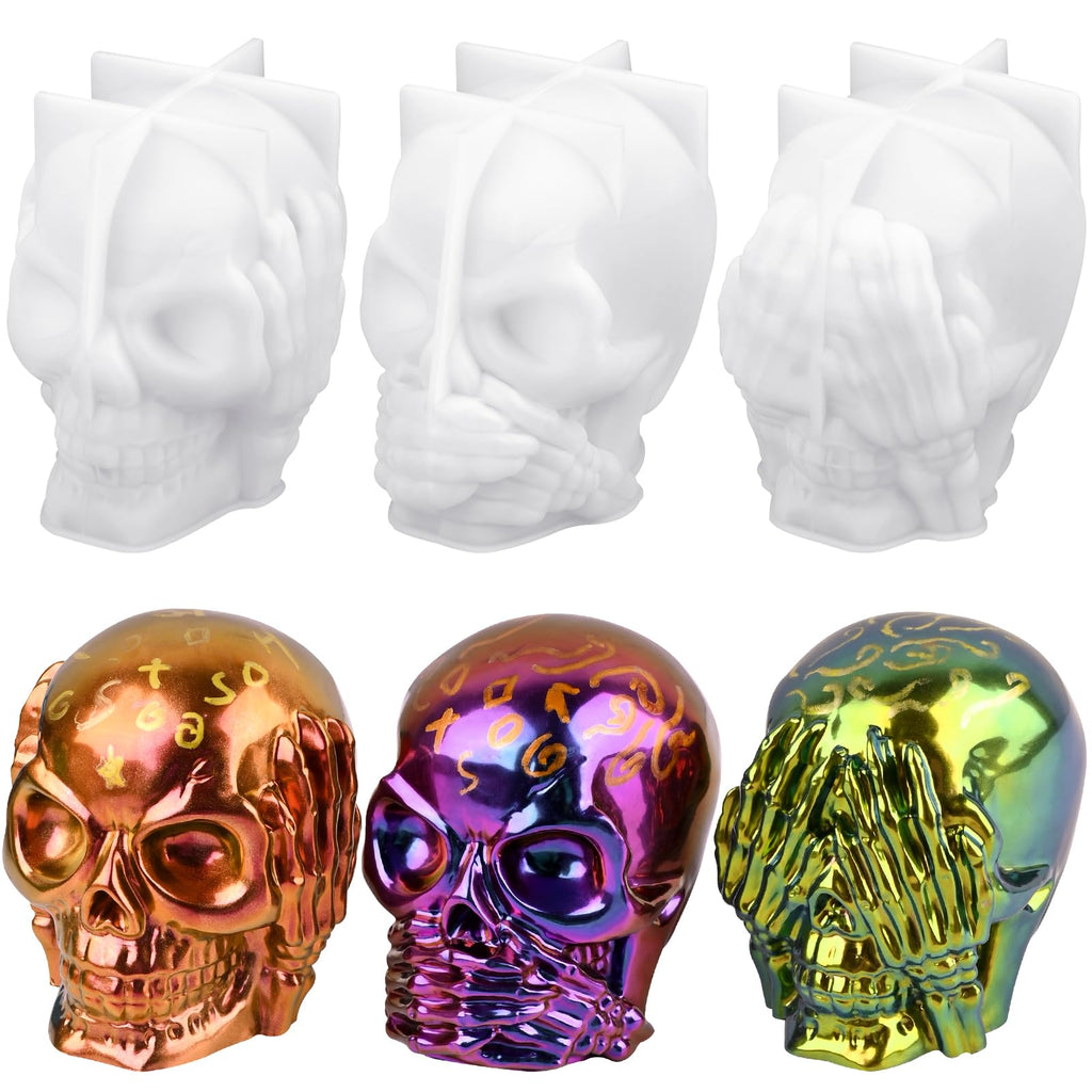 Actvty Skull Resin Molds, 3 Pieces Hear-no, Speak-no, See-no Evil Skull Silicone Molds for Resin Casting, 3D Skull Epoxy Molds for DIY Resin Crafts, Halloween Home Decor, translucent