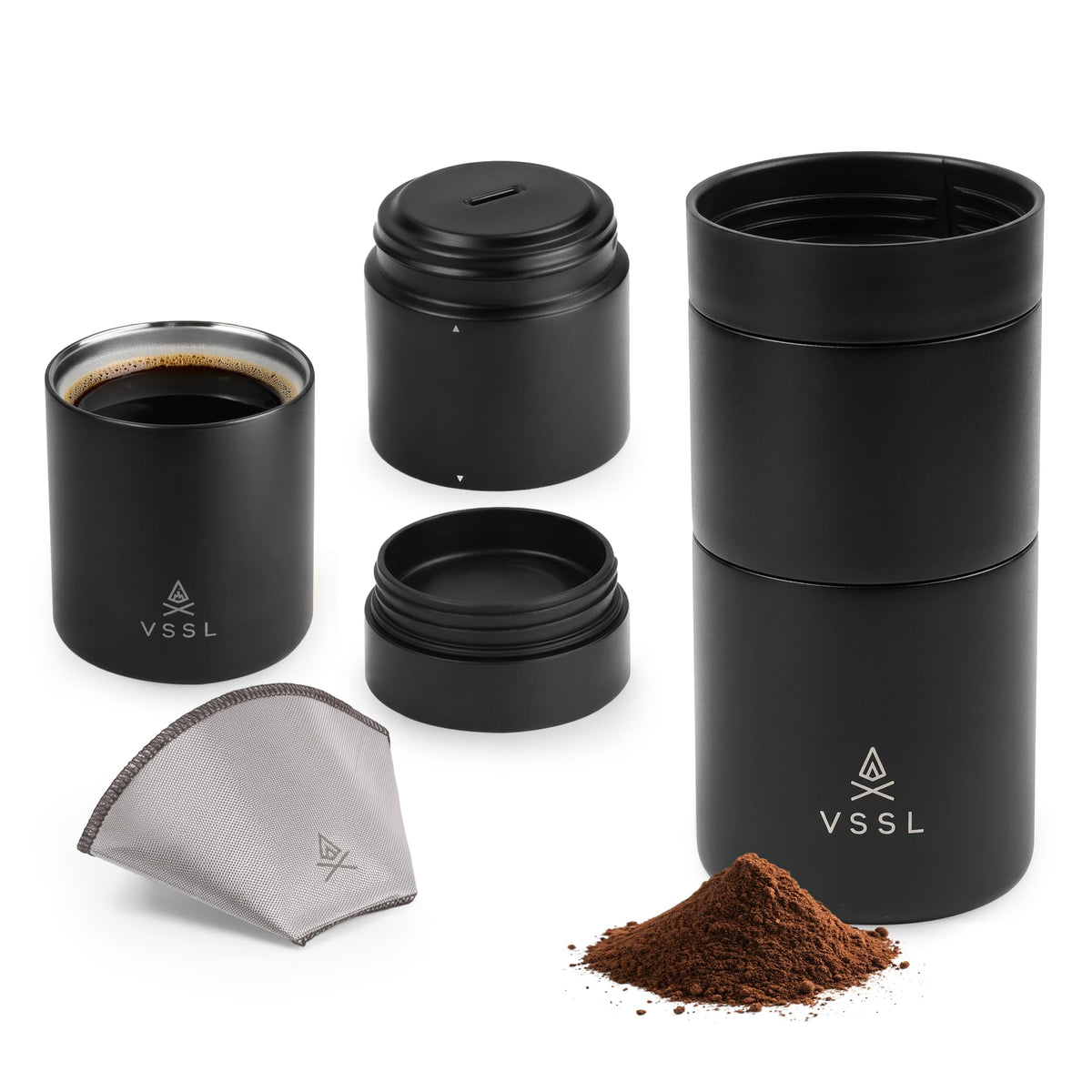 VSSL - Nest Pour Over Coffee Set | Coffee Maker for Camping | All-In-One Travel Pour Over | Transportable Dripper, 10oz Stainless Steel Travel Mug | Compact Storage & Adventure Ready | Deep Moss