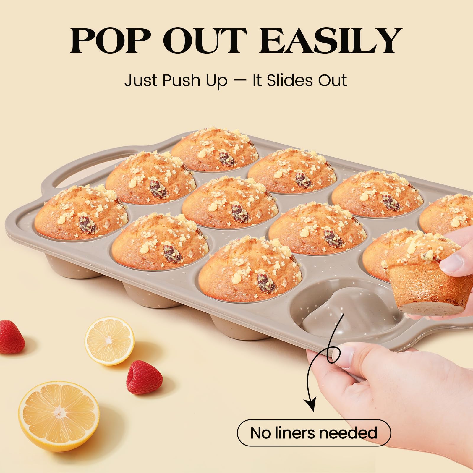 Vinino Silicone Muffin Pans for Baking with Metal Reinforced Frame, 12 Cups Regular Size Nonstick Brown Silicone Cupcake Pan, BPA Free Oven Dishwasher Safe Baking Mold for Muffins Cupcakes