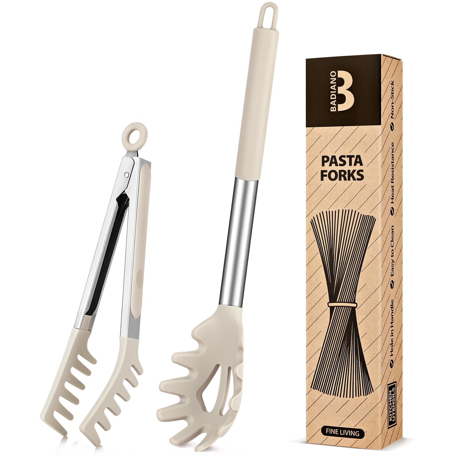 Silicone Spaghetti Spoon & Pasta Tong, Non-Stick Stainless Steel Handle Pasta Fork Set with Teeth, Food Clip for Easy Serving of Noodles (Khaki)
