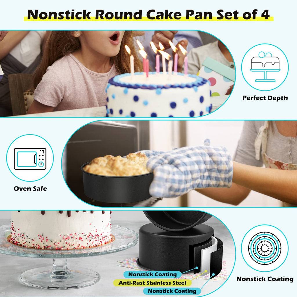 LIANYU 6 inch Cake Pans for Baking, Round Cake Pan Set of 4, Nonstick Stainless Steel Baking Tin Bakeware for Birthday Wedding Party, Non Toxic Coating, 3 Inch Deep, Black