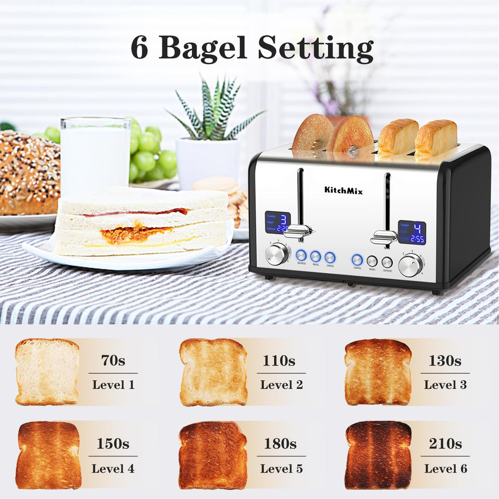 Toaster 4 Slice, KitchMix Bagel Stainless Toaster with LCD Timer, Extra Wide Slots, Dual Screen, Removal Crumb Tray (Black)