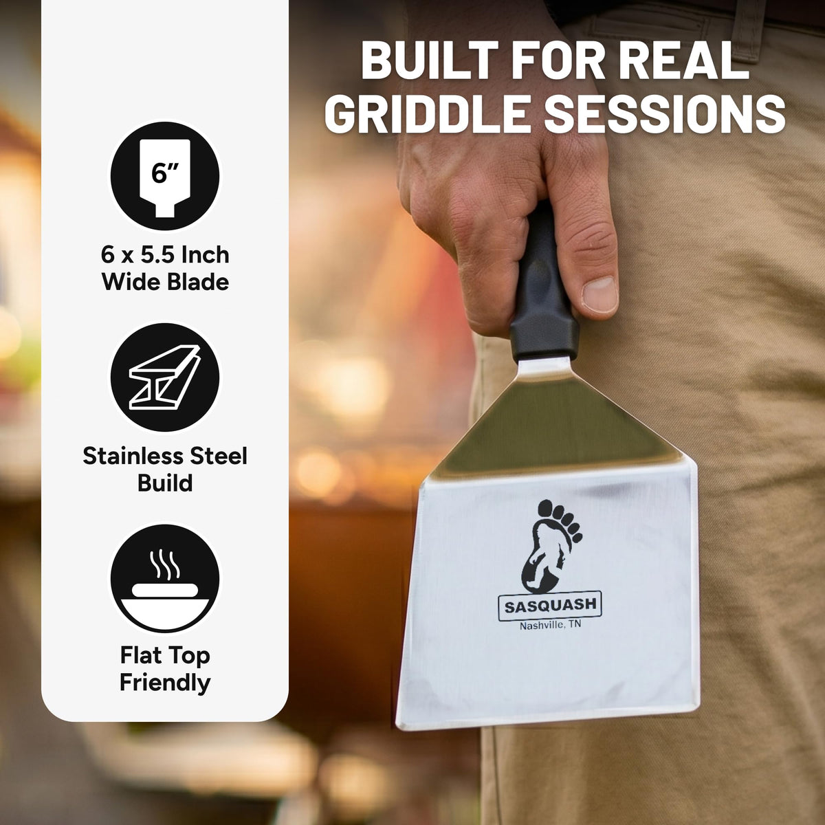 Sasquash Mammoth Smash Burger Spatula, Stainless Steel, 6 x 5.5 Inch Blade