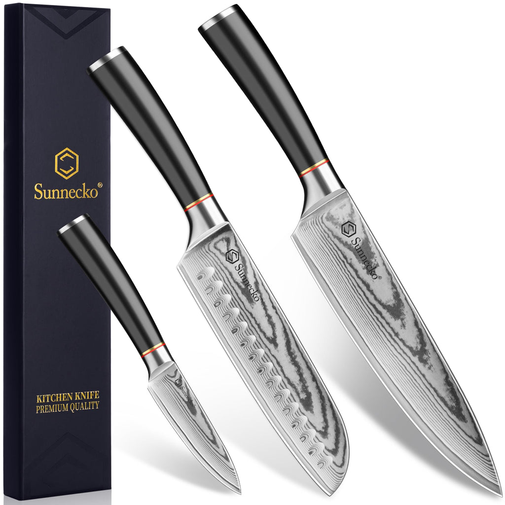 Sunnecko Damascus Knives Set,Japanese VG10 Core Steel Damascus 3PCS Chef Knife Set,Professional Razor Sharp Kitchen Knives Set with Knife Sharpner