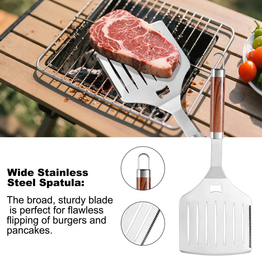 YJHOLE Grilling Accessories Set Large Spatula Fork Cleaning Brush Food Tongs Durable Stainless Steel BBQ Grill Tools with Extra Thick Storage Case BBQ Accessories Grill Set